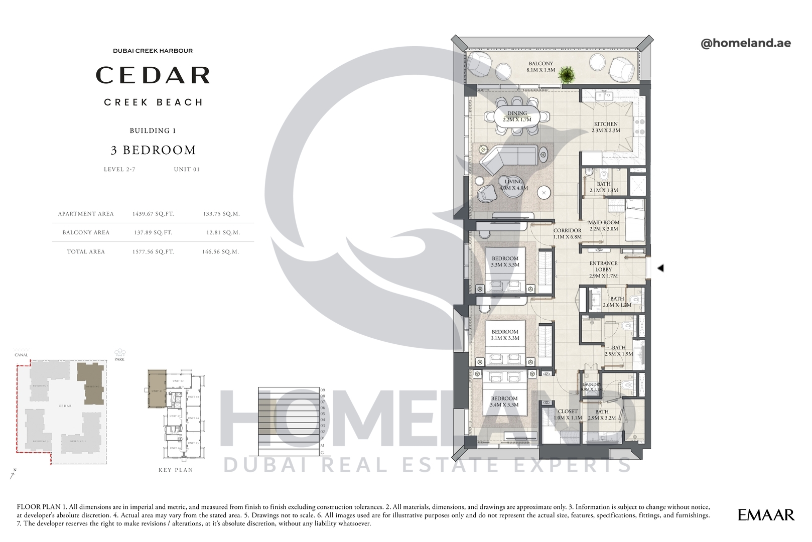 Cedar, Building 1, 3 BR, Level 2-7, Unit 01, 1577 SQFT
