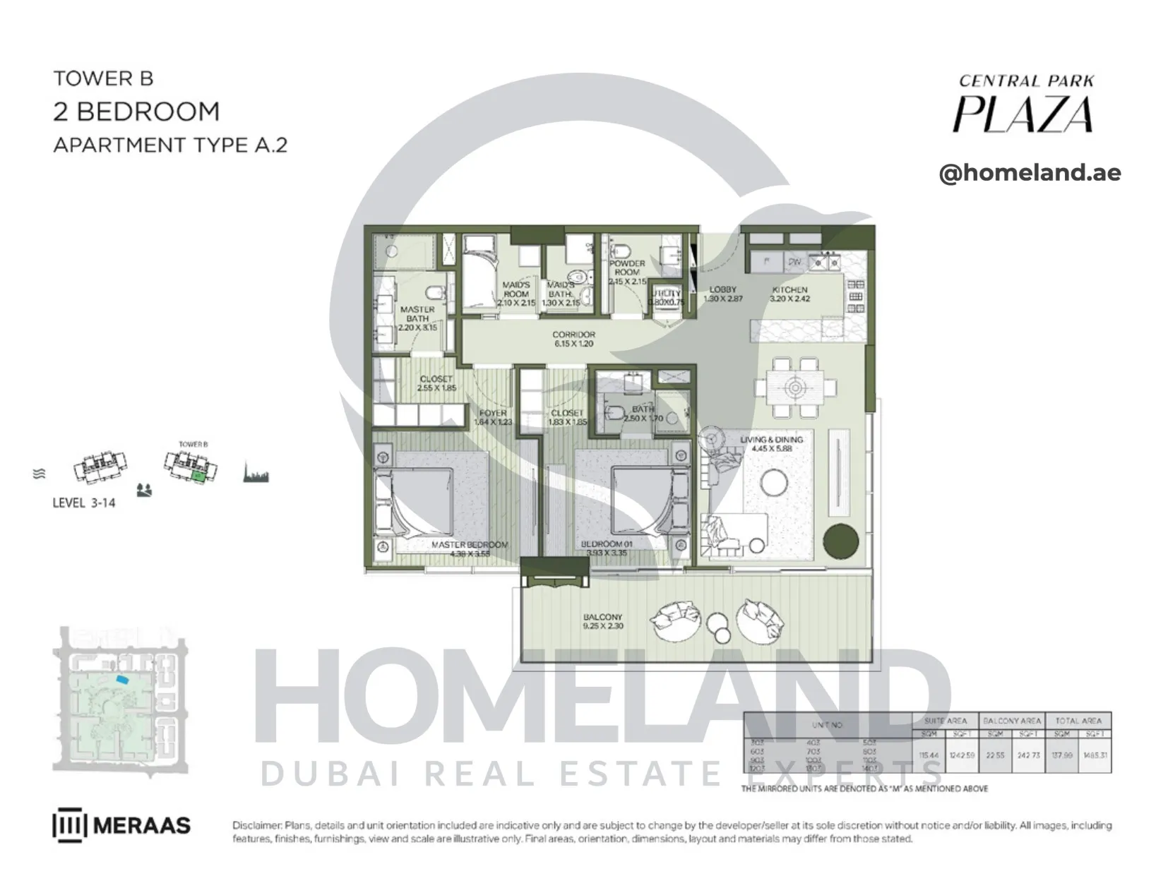 Central Park Plaza, Tower B, 2 BR, Type A.2, Level 3-14, 1485 SQFT