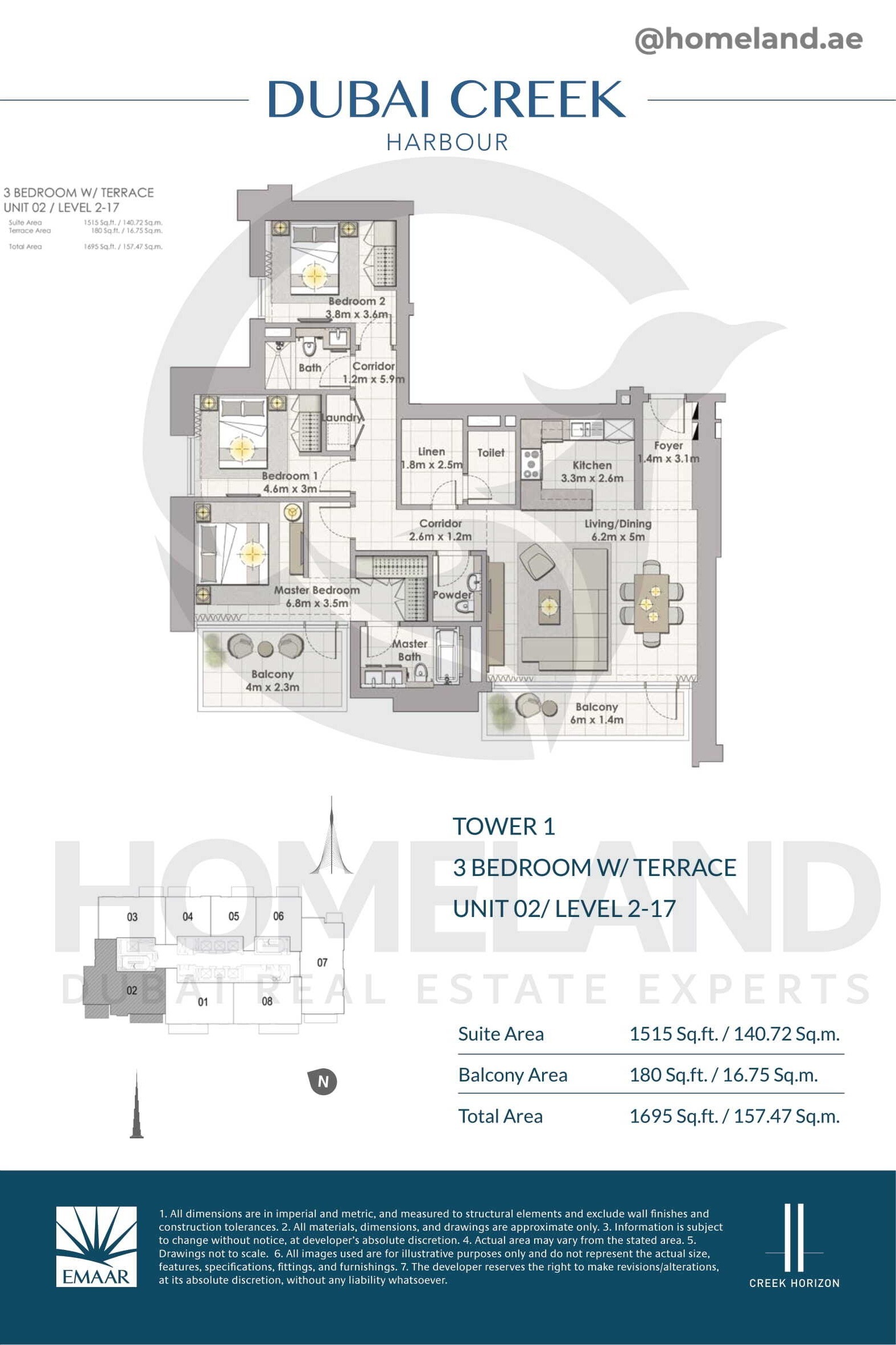 Creek Horizon, Tower 1, 3 BR Terrace, Unit 02, Level 2-17, 1695 SQFT