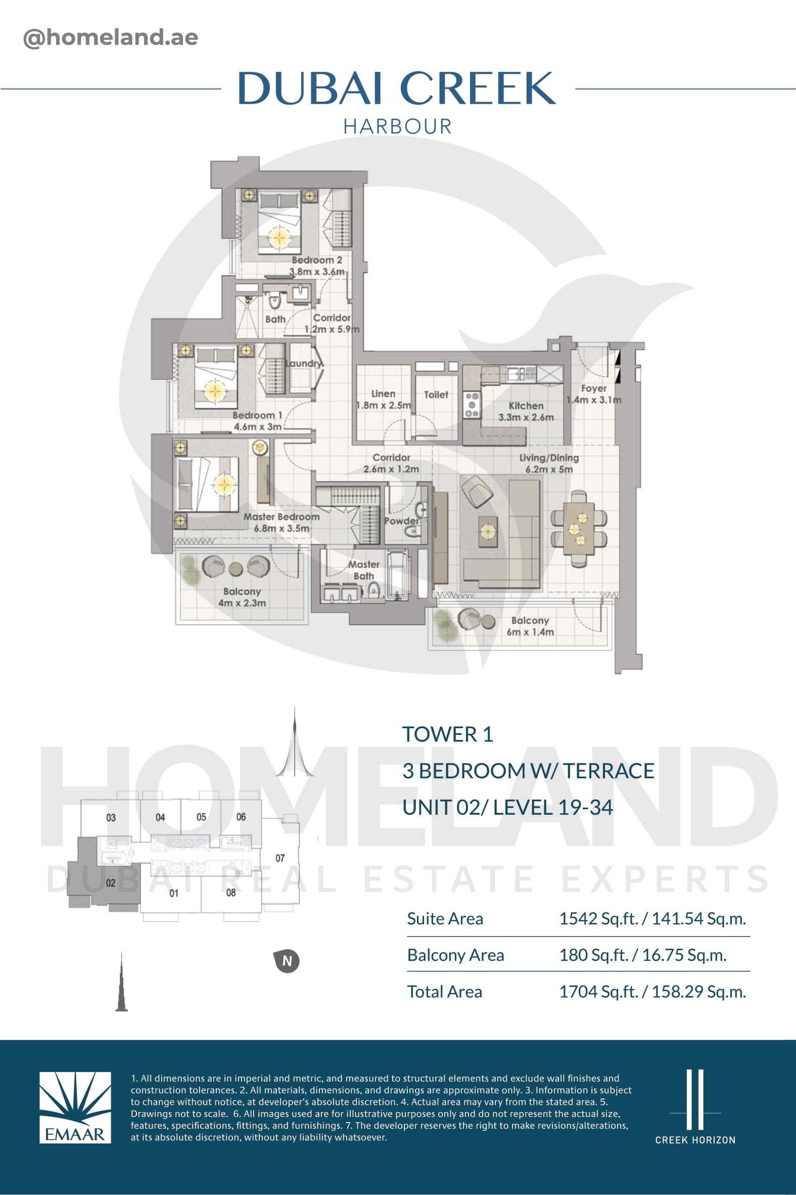Creek Horizon, Tower 1, 3 BR Terrace, Unit 02, Level 19-34, 1704 SQFT