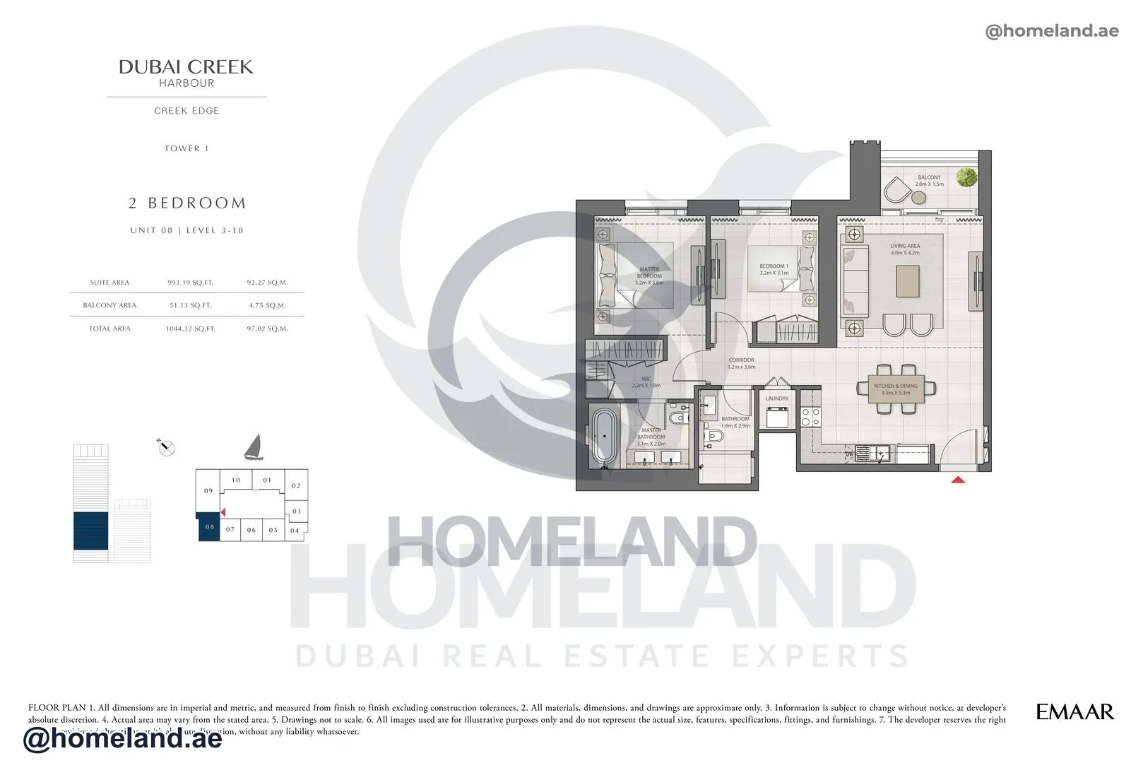 Creek Edge, Tower 1, 2 BR, Unit 08, Level 3-18, 1044 SQFT