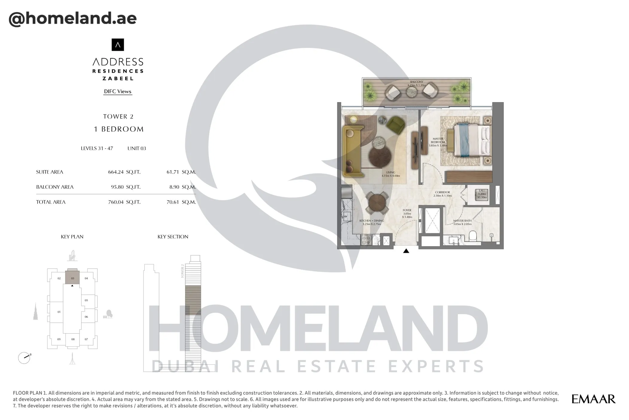 Address Residences Zabeel, Tower 2, 1BR, Level 31-47, Unit 03, 760 SQFT