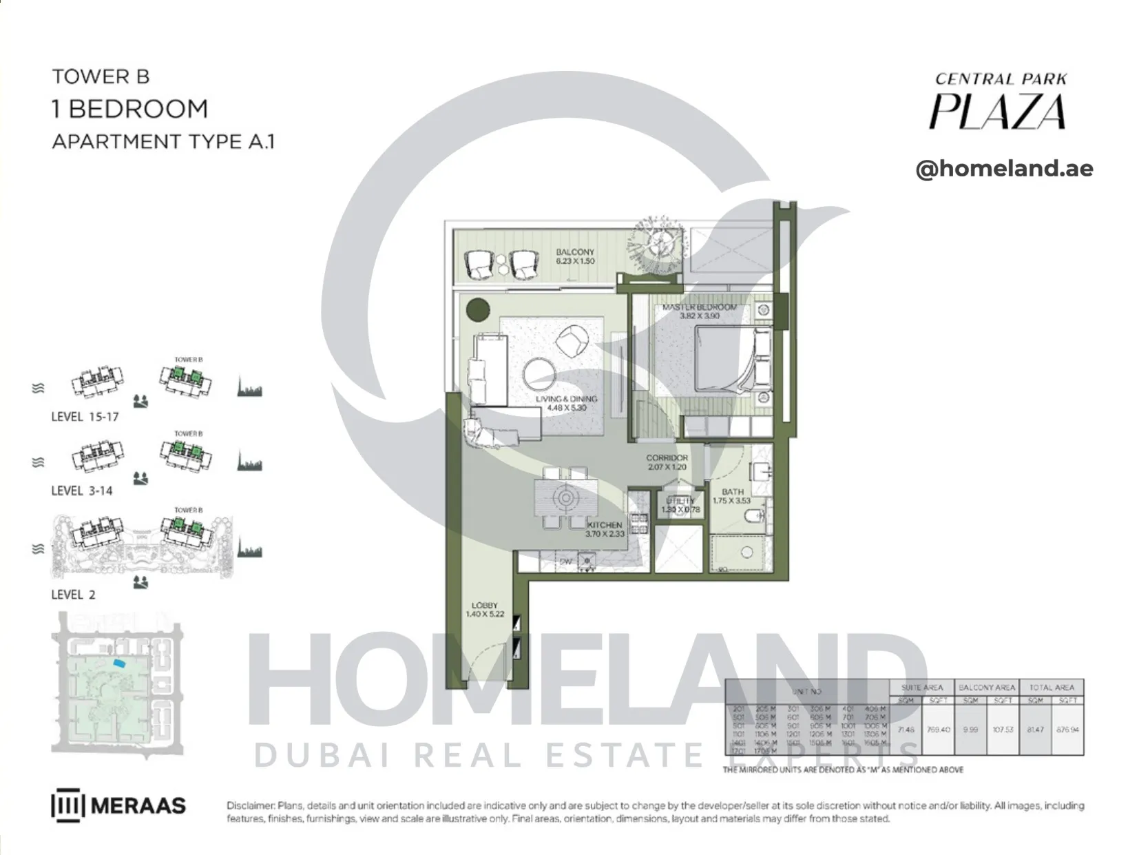 Central Park Plaza, Tower B, 1 BR, Type A.1, Level 2-3-14-15-17, 876 SQFT