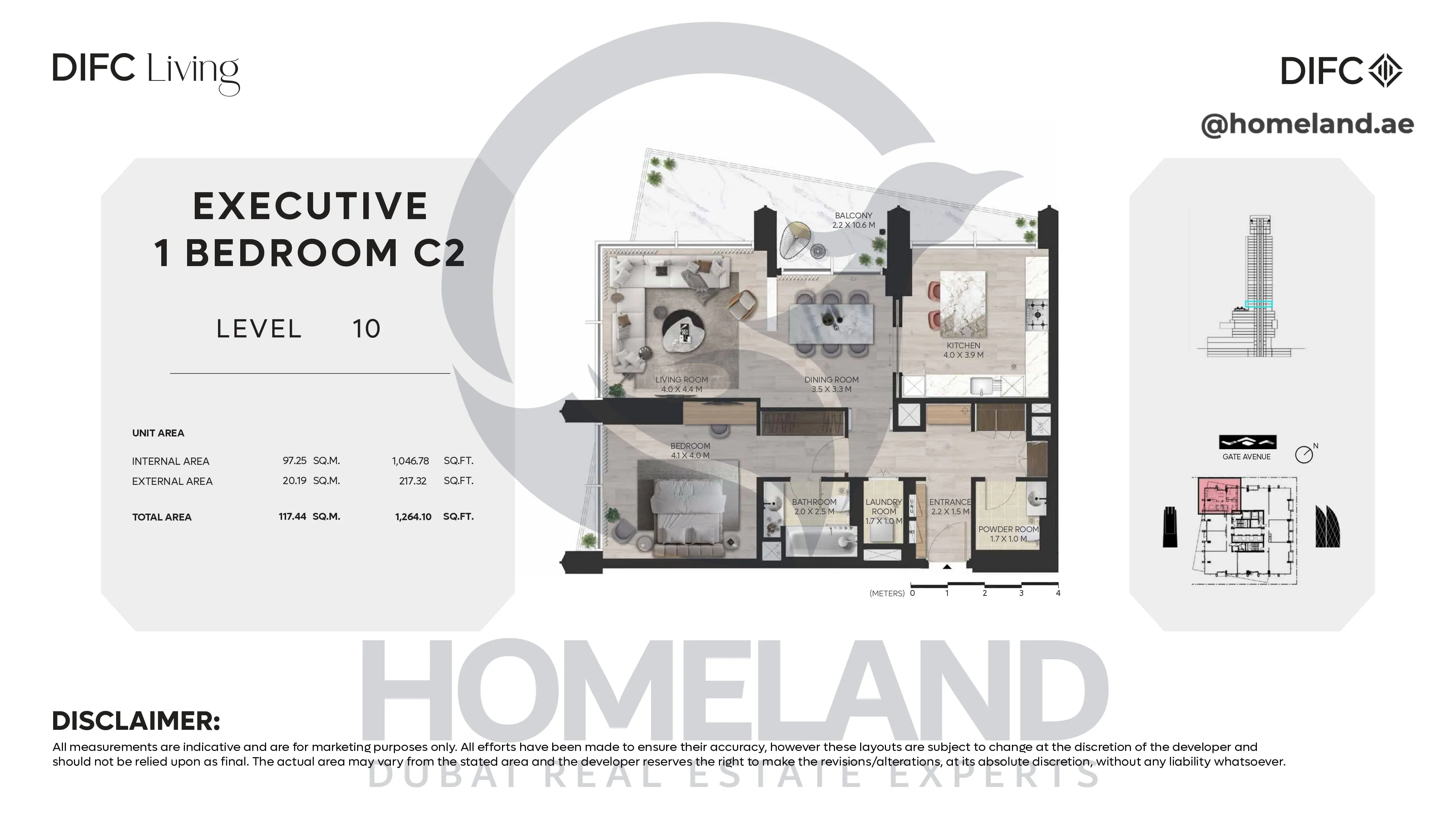 DIFC Living, Executive 1 BR C2, Level 10, 1264 SQFT