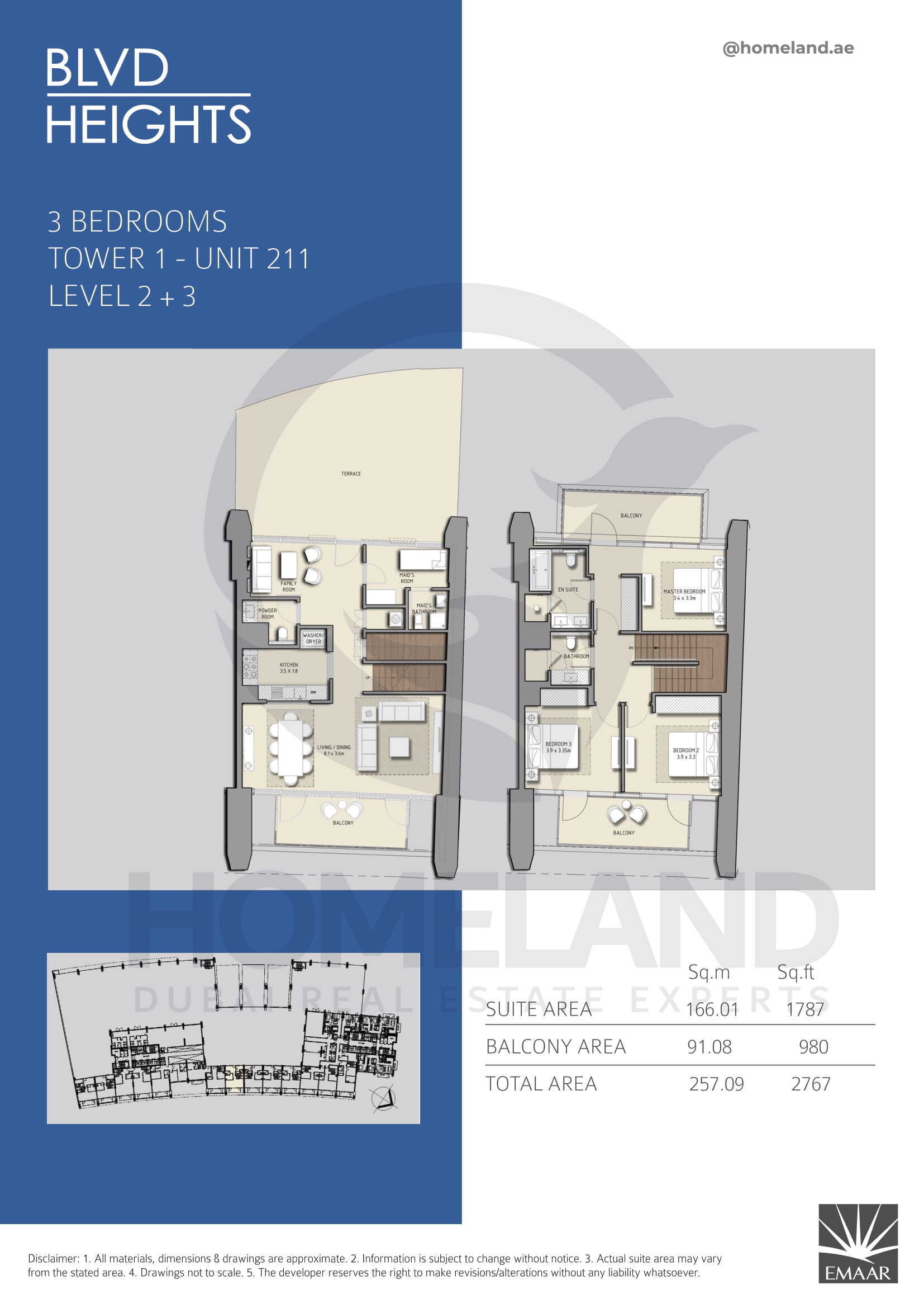 Blvd Heights T1, 3 BR, Unit 211, Level 2+3, 2767 SQFT