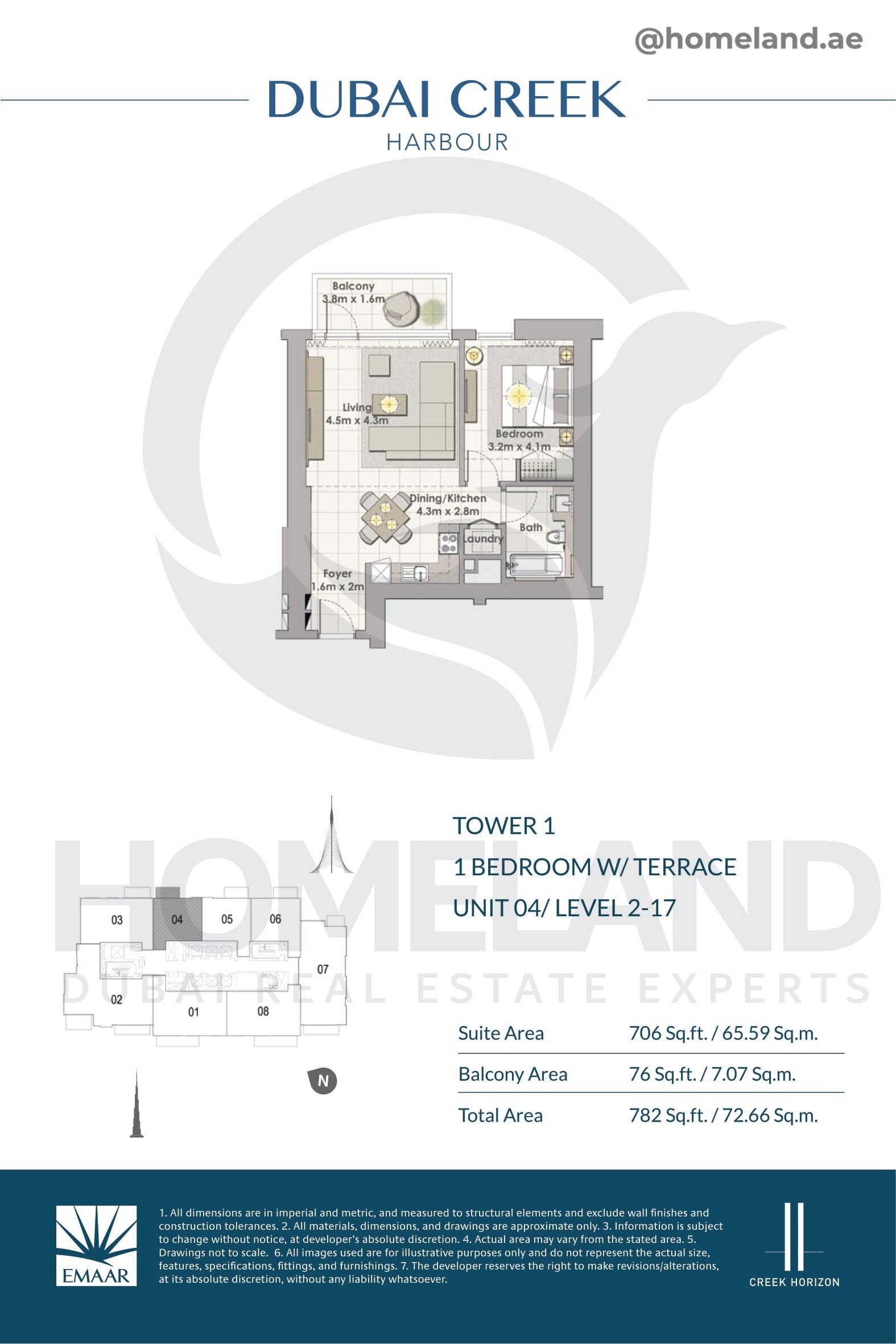 Creek Horizon, Tower 1, 1 BR Terrace, Unit 04, Level 2-17, 782 SQFT
