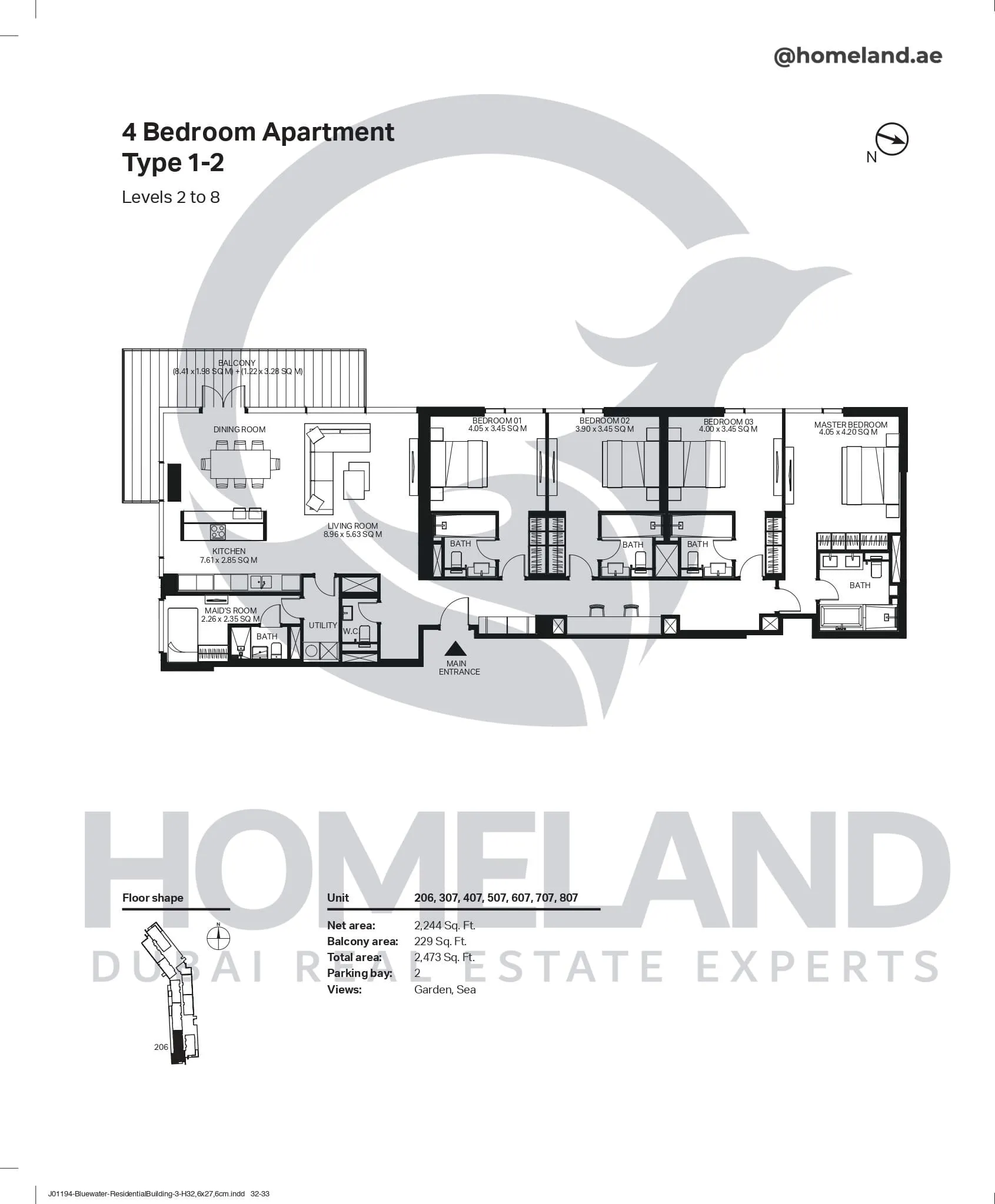 Bluewaters Residential Building Tower 3, 4 BR, Type 1-2, Level 2-8, Unit 206-307-407-507-607-707-807, 2473 SQFT