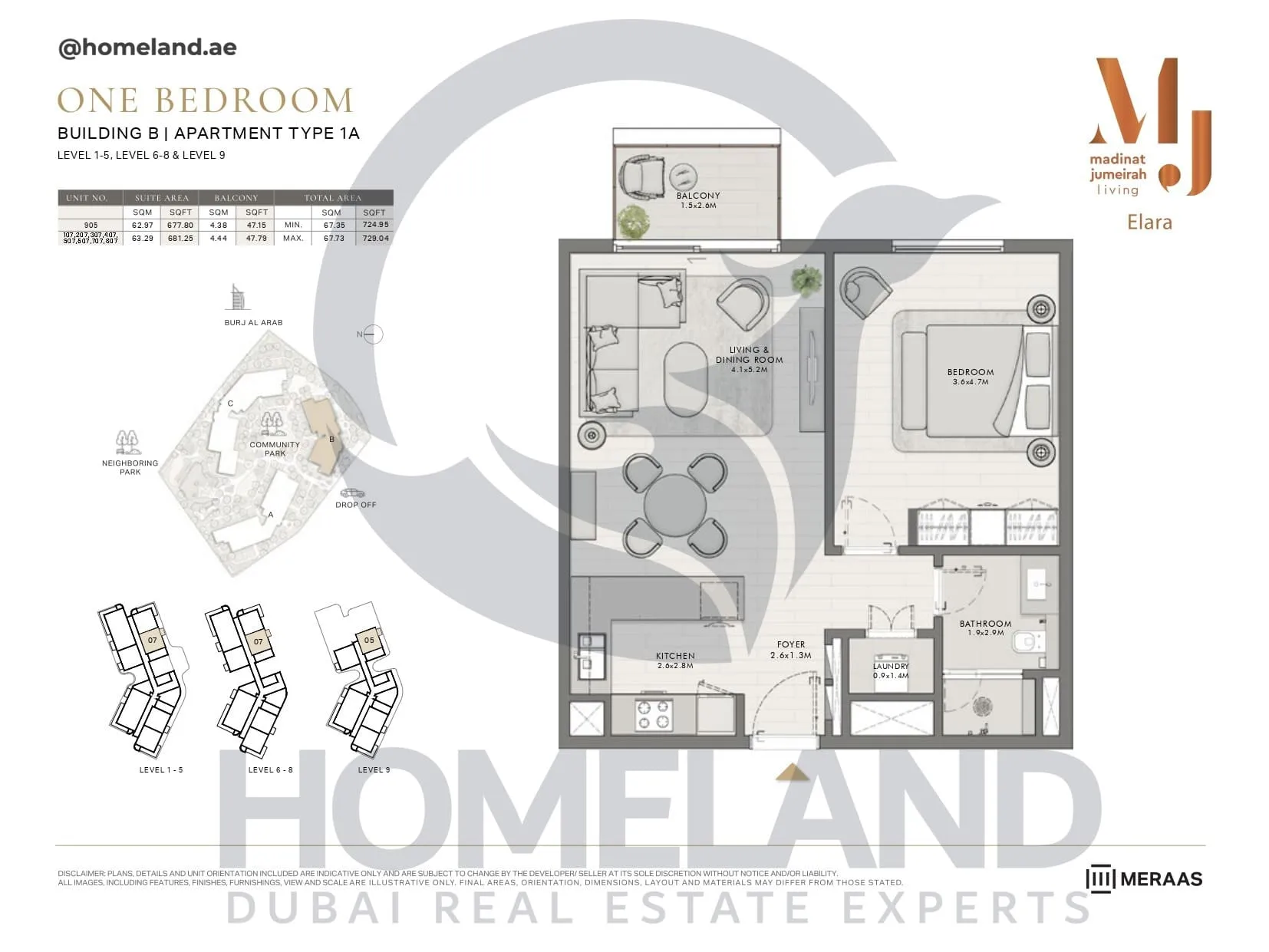 Elara, Building B, Type 1A, 1 BR, Unit 107-207-307-407-507-607-707-807-905, Level 1-5-6-8-9, 729 SQFT