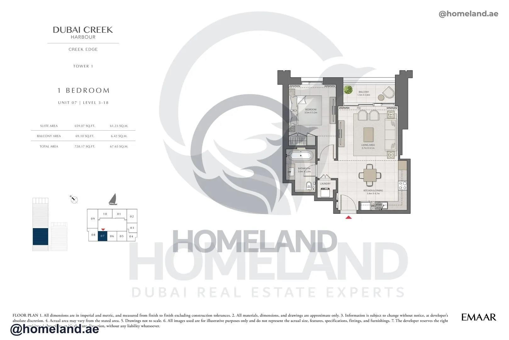 Creek Edge, Tower 1, 1 BR, Unit 07, Level 3-18, 728 SQFT