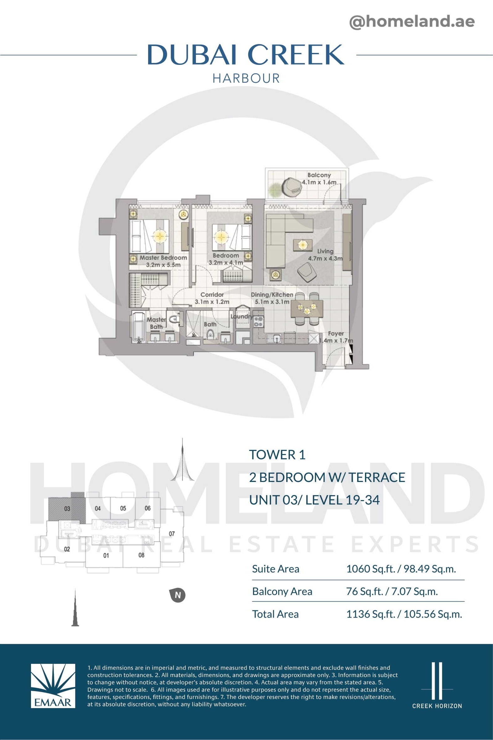 Creek Horizon, Tower 1, 2 BR Terrace, Unit 03, Level 19-34, 1136 SQFT