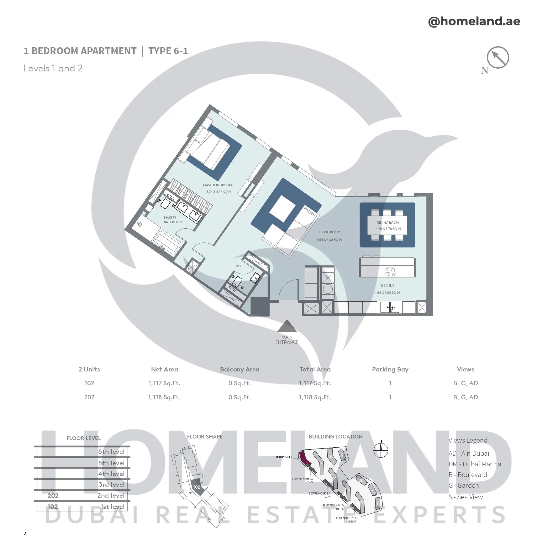Bluewaters Residential Building Tower 1, 1 BR, Type 6-1, Level 1-2, Unit 102-202, 1118 SQFT