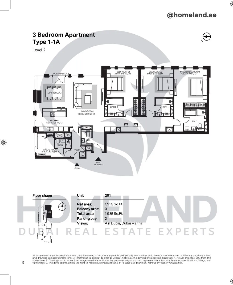 Bluewaters Residential Building Tower 6, 3 BR, Type 1-1A, Level 2, Unit 201, 1935 SQFT