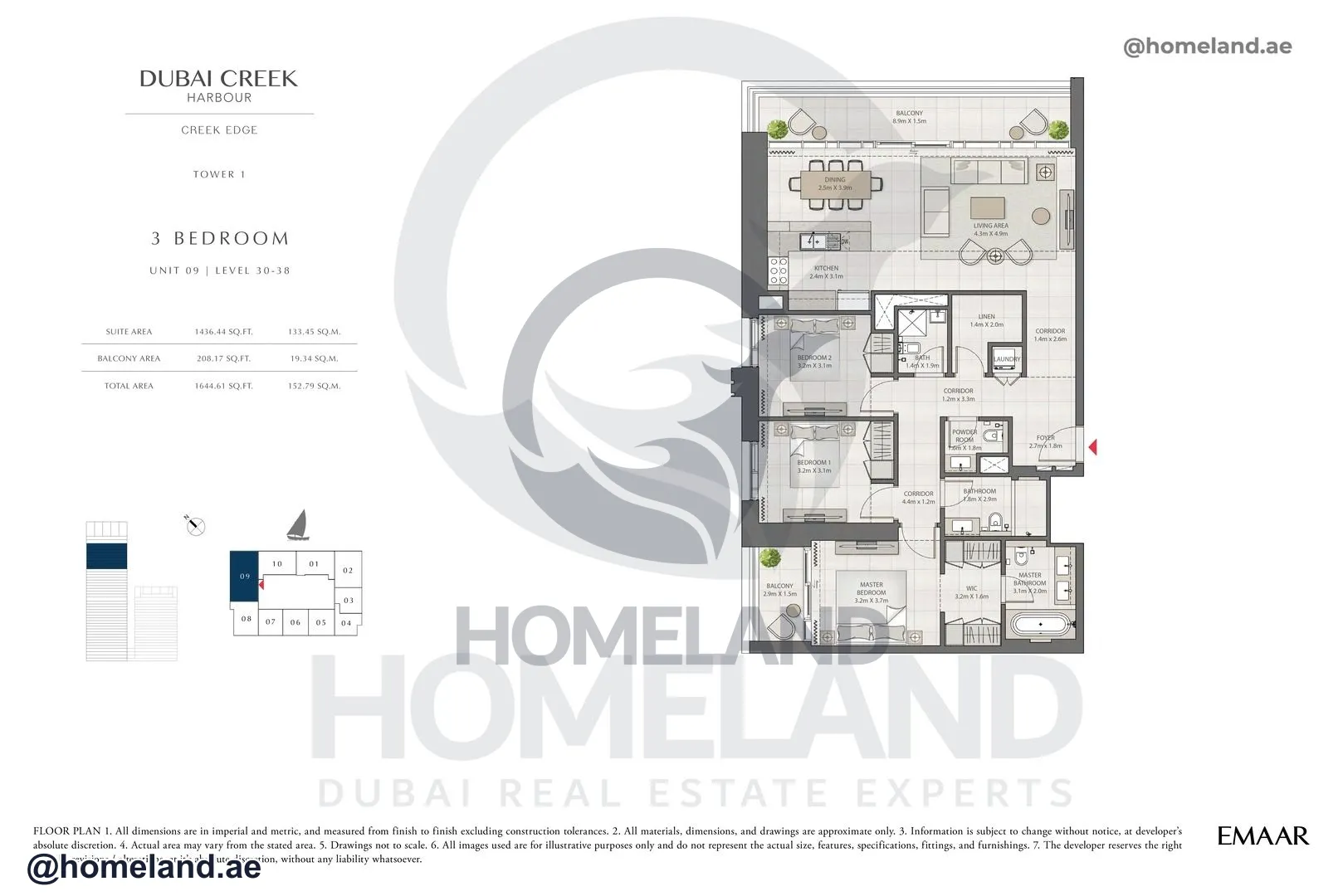 Creek Edge, Tower 1, 3 BR, Unit 09, Level 30-38, 1644 SQFT