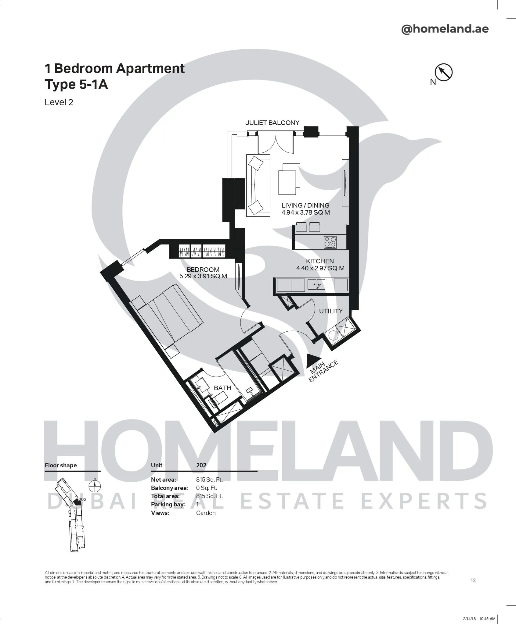 Bluewaters Residential Building Tower 3, 1 BR, Type 5-1A, Level 2, Unit 202, 815 SQFT