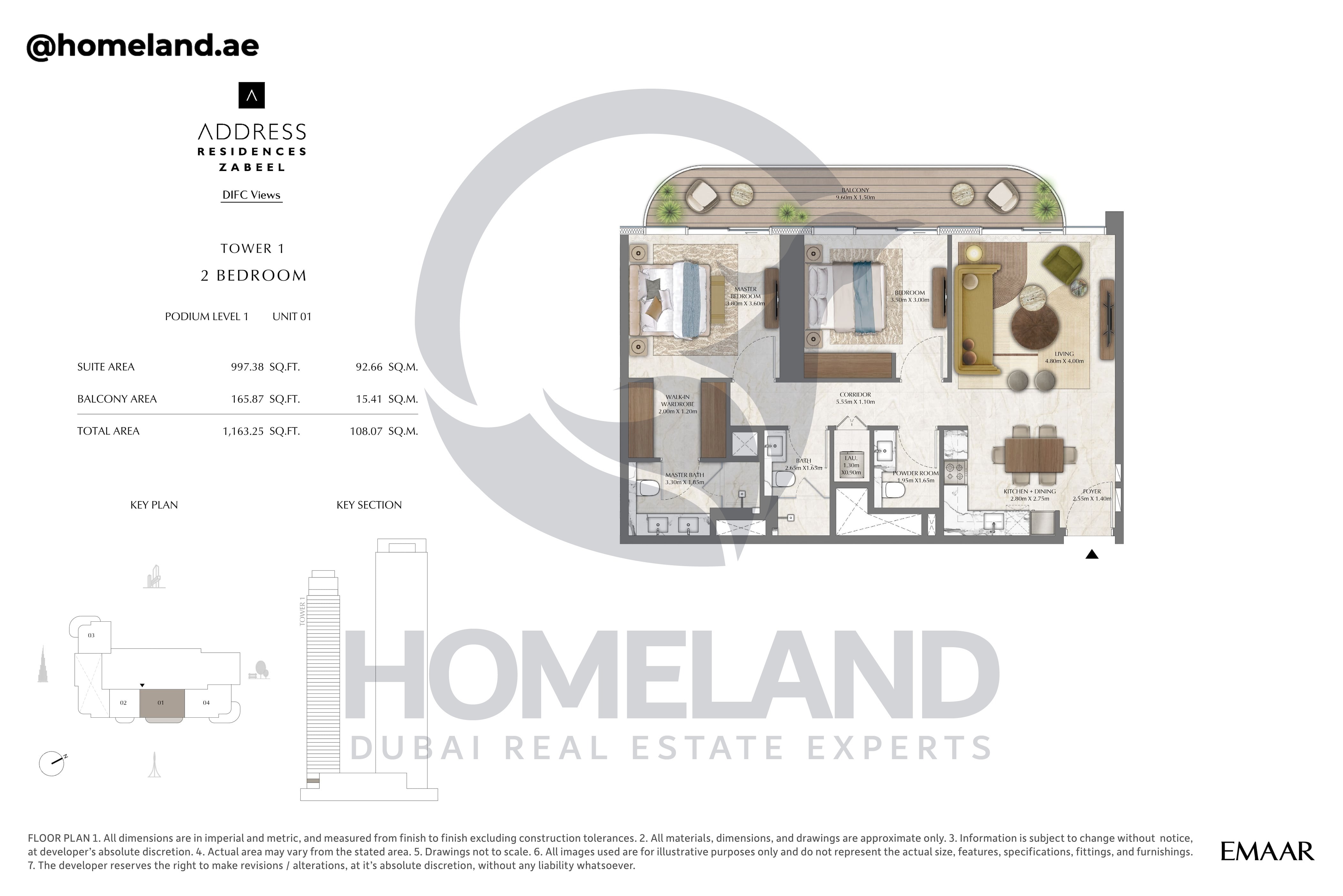 Address Residences Zabeel, Tower 1, 2BR, Podium Level 1, Unit 01, 1163 SQFT