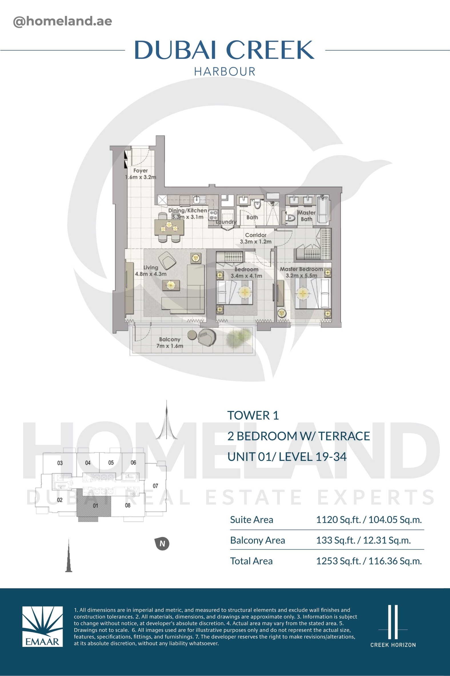 Creek Horizon, Tower 1, 2 BR Terrace, Unit 01, Level 19-34, 1253 SQFT