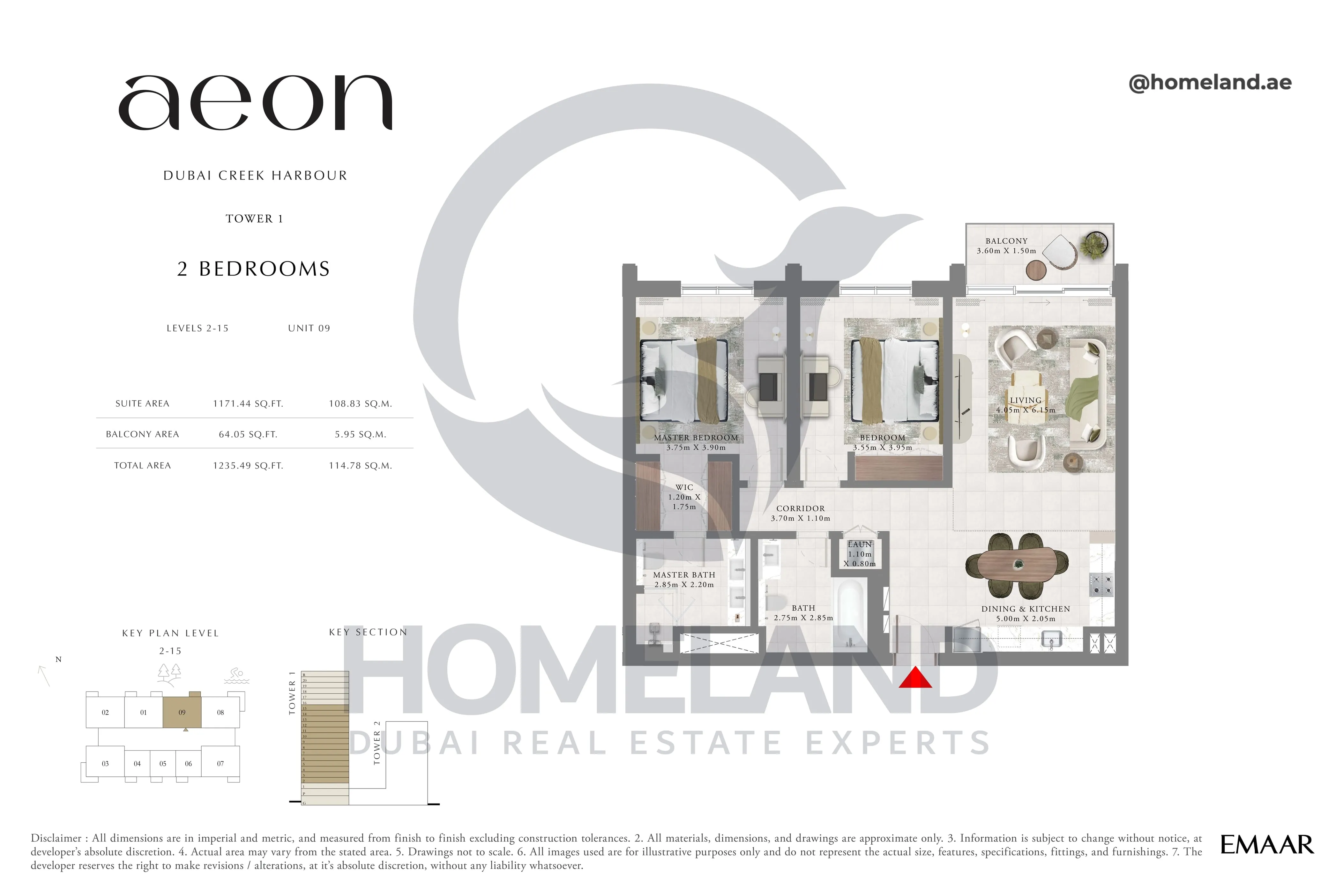 Aeon, Tower 1, 2 BR, Level 2-15, Unit 09, 1235 SQFT