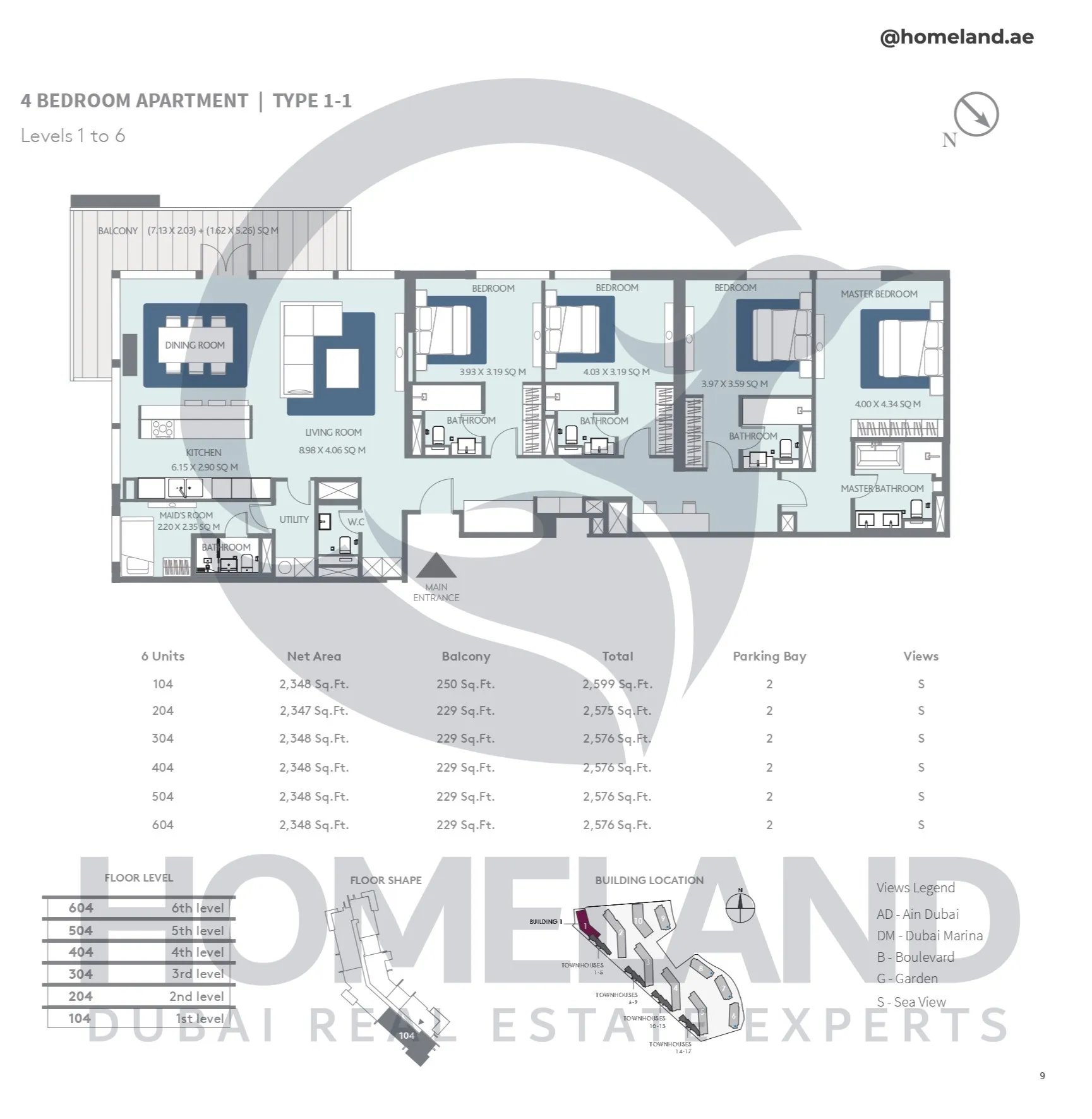 Bluewaters Residential Building Tower 1, 4 BR, Type 1-1, Level 1-6, Unit 104-204-304-404-504-604, 2599 SQFT