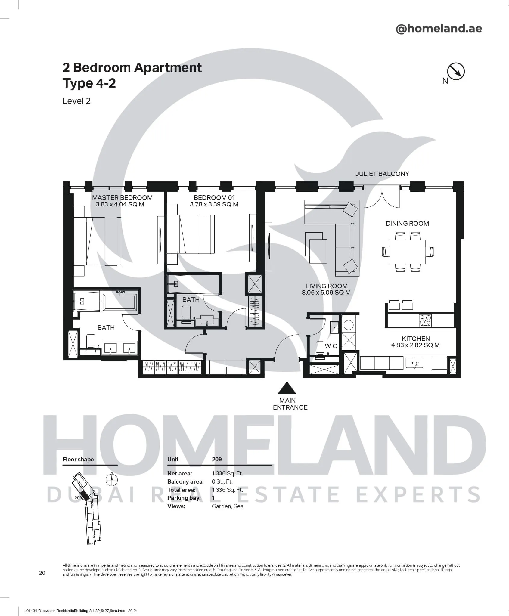 Bluewaters Residential Building Tower 3, 2 BR, Type 4-2, Level 2, Unit 209, 1336 SQFT