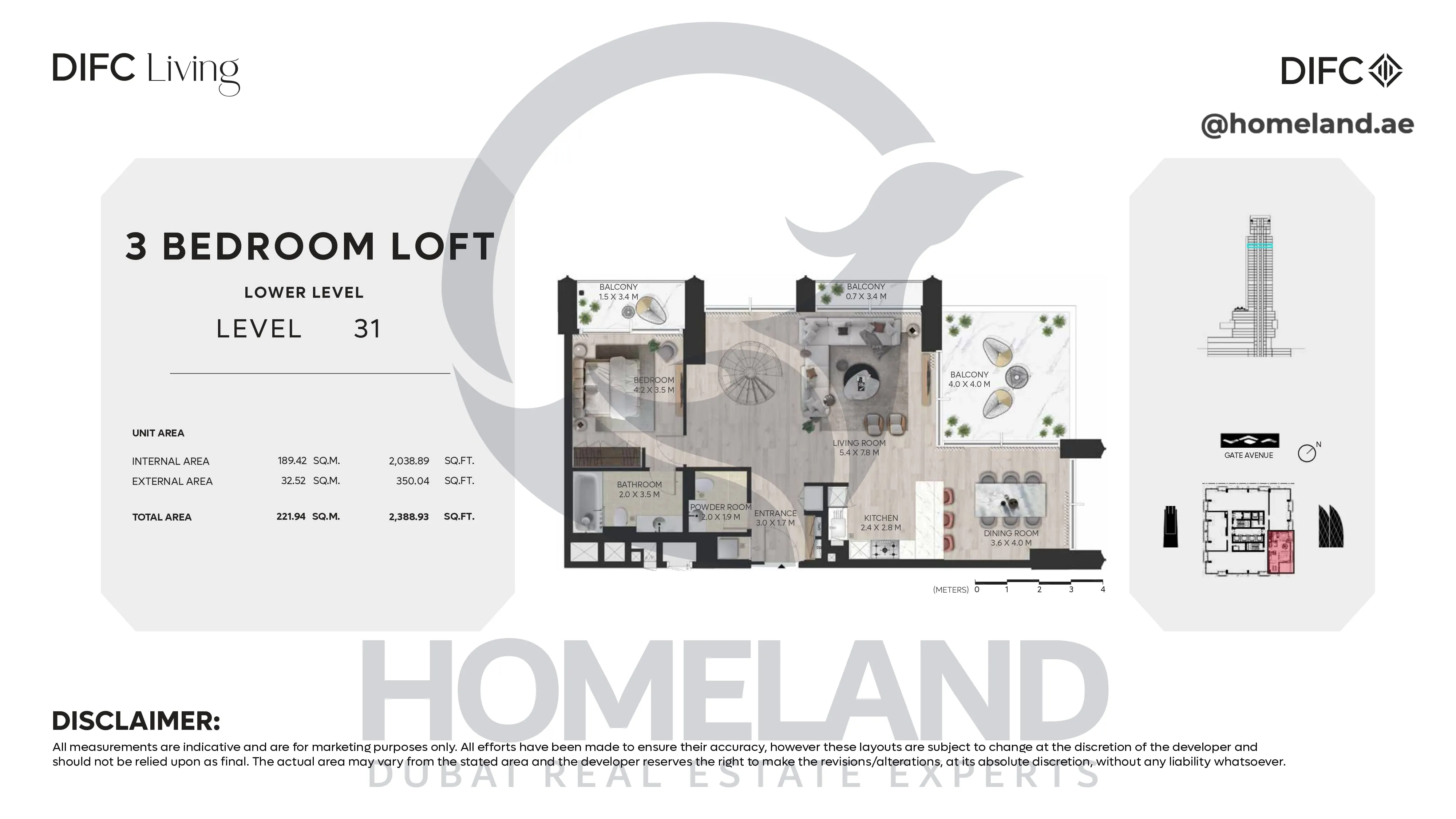 DIFC Living, 3 BR Loft, Lower Level, Level 31, 2388 SQFT