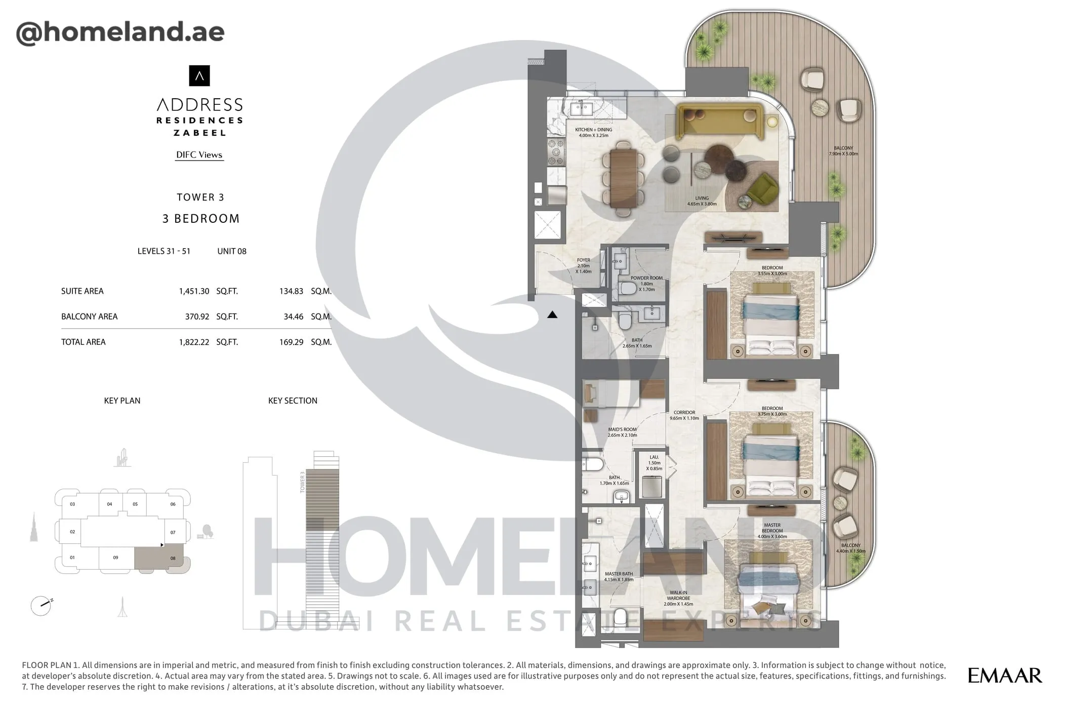 Address Residences Zabeel, Tower 3, 3BR, Level 31-51, Unit 08, 1822 SQFT