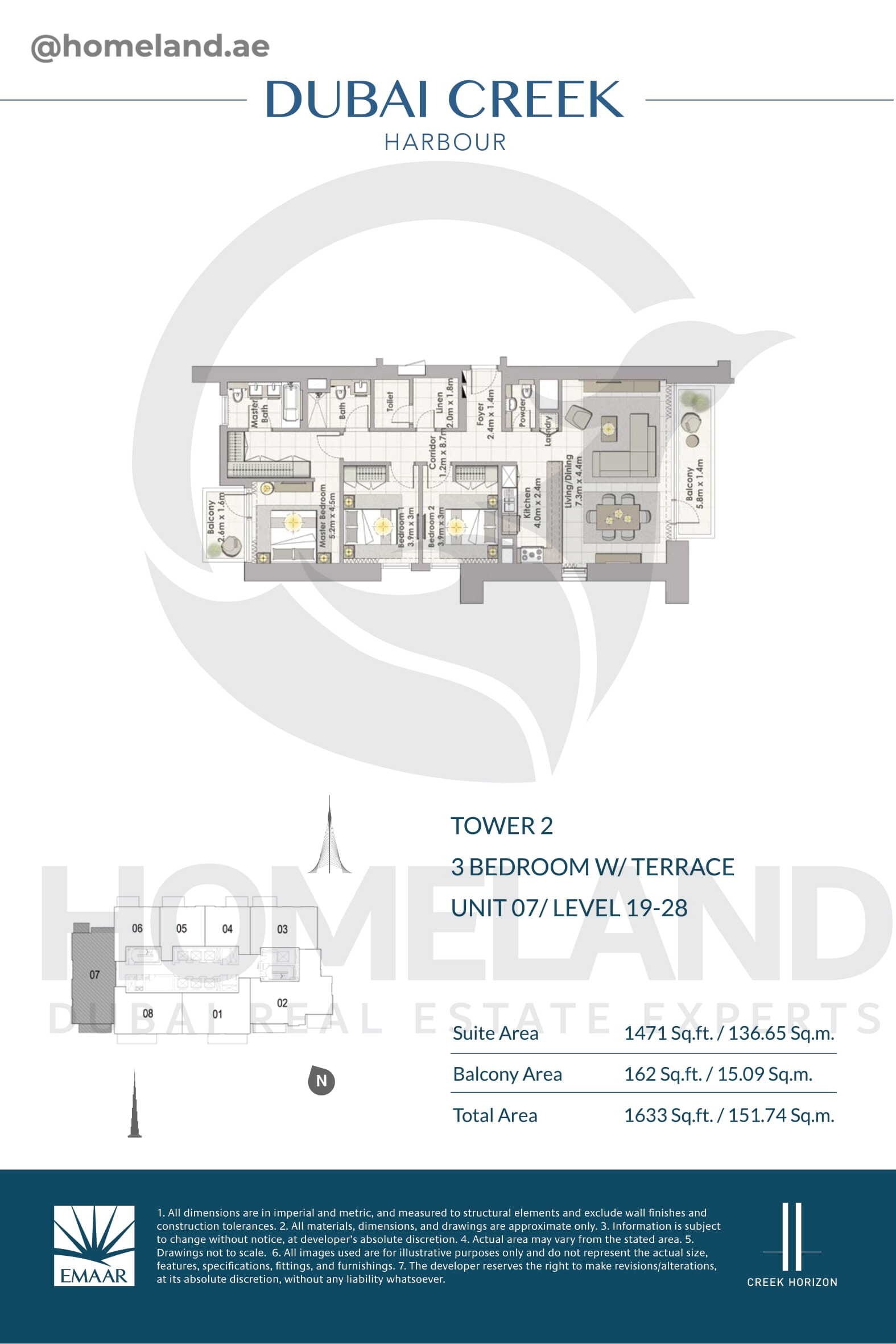 Creek Horizon, Tower 2, 3 BR Terrace, Unit 07, Level 19-28, 1633 SQFT