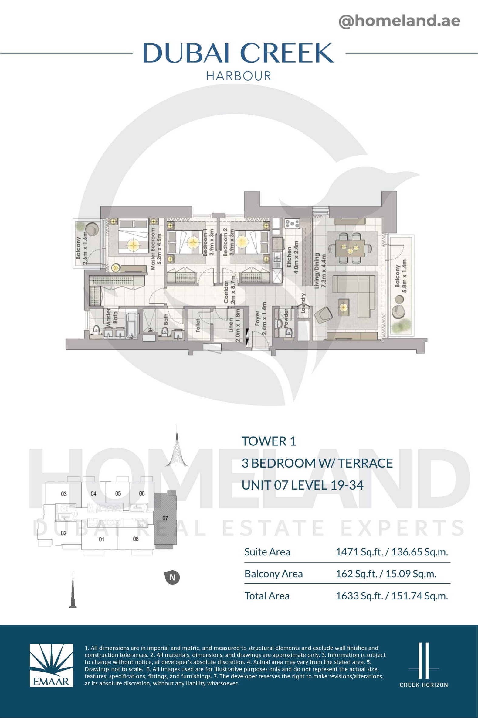 Creek Horizon, Tower 1, 3 BR Terrace, Unit 07, Level 19-34, 1633 SQFT