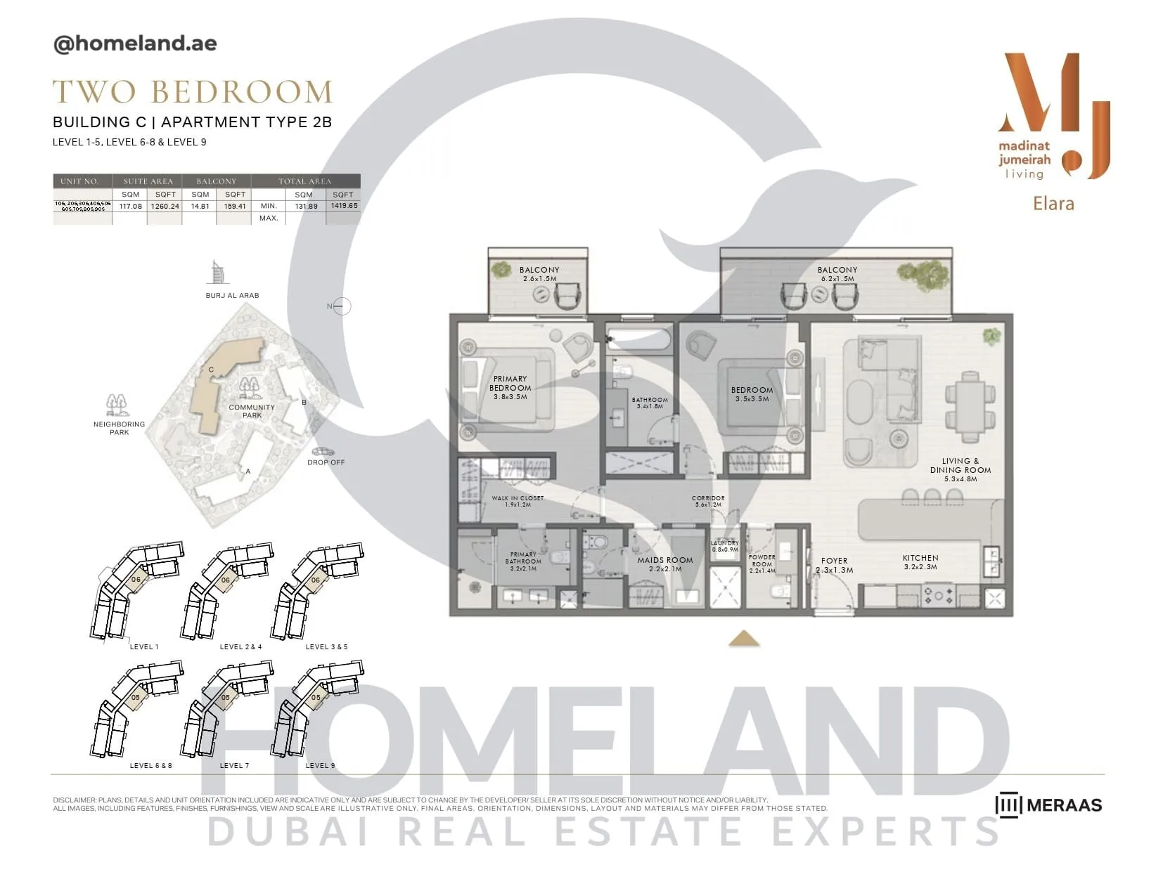 Elara, Building C, Type 2B, 2 BR, Unit 106-206-306-406-506-605-705-805-905, Level 1-5-6-8-9, 1419 SQFT