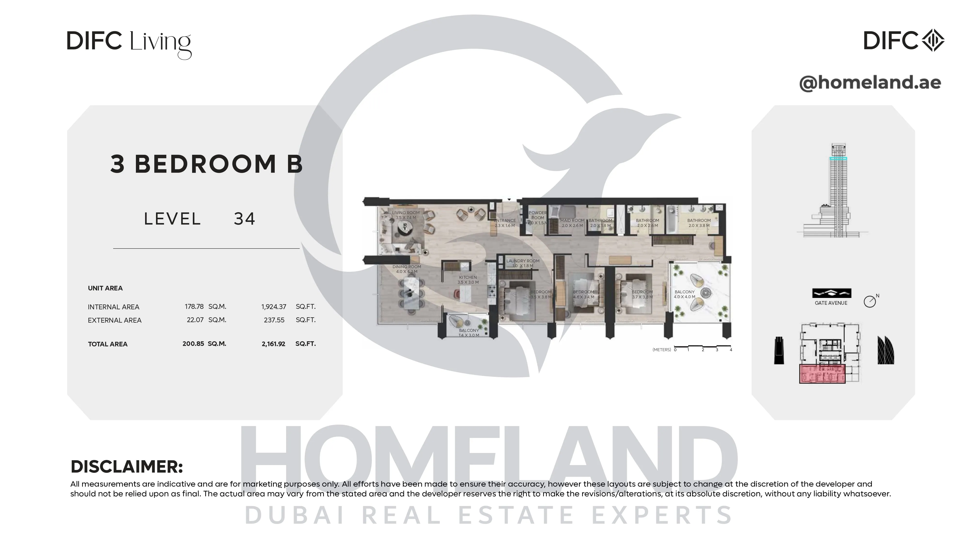 DIFC Living, 3 BR B, Level 34, 2161 SQFT