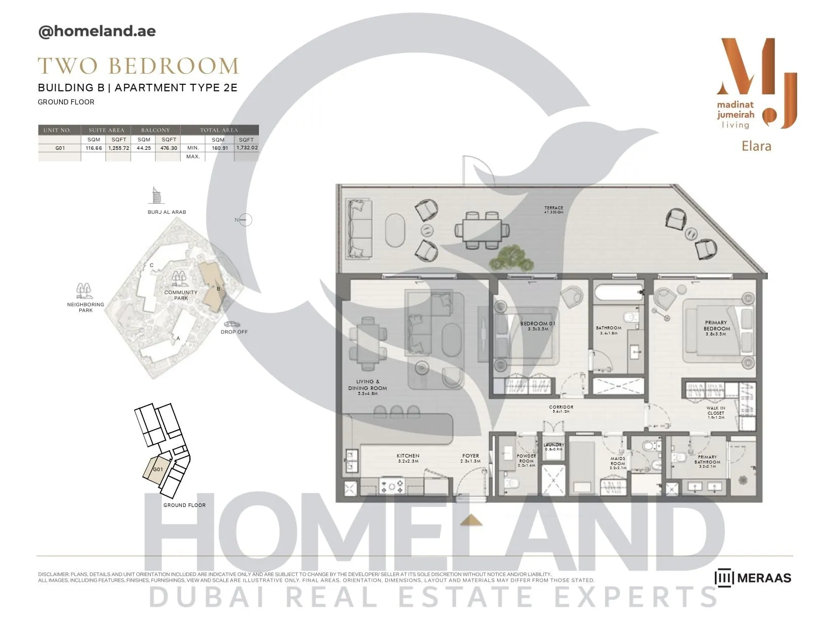 Elara, Building B, Type 2E, 2 BR, Unit G01, Ground Floor, 1732 SQFT