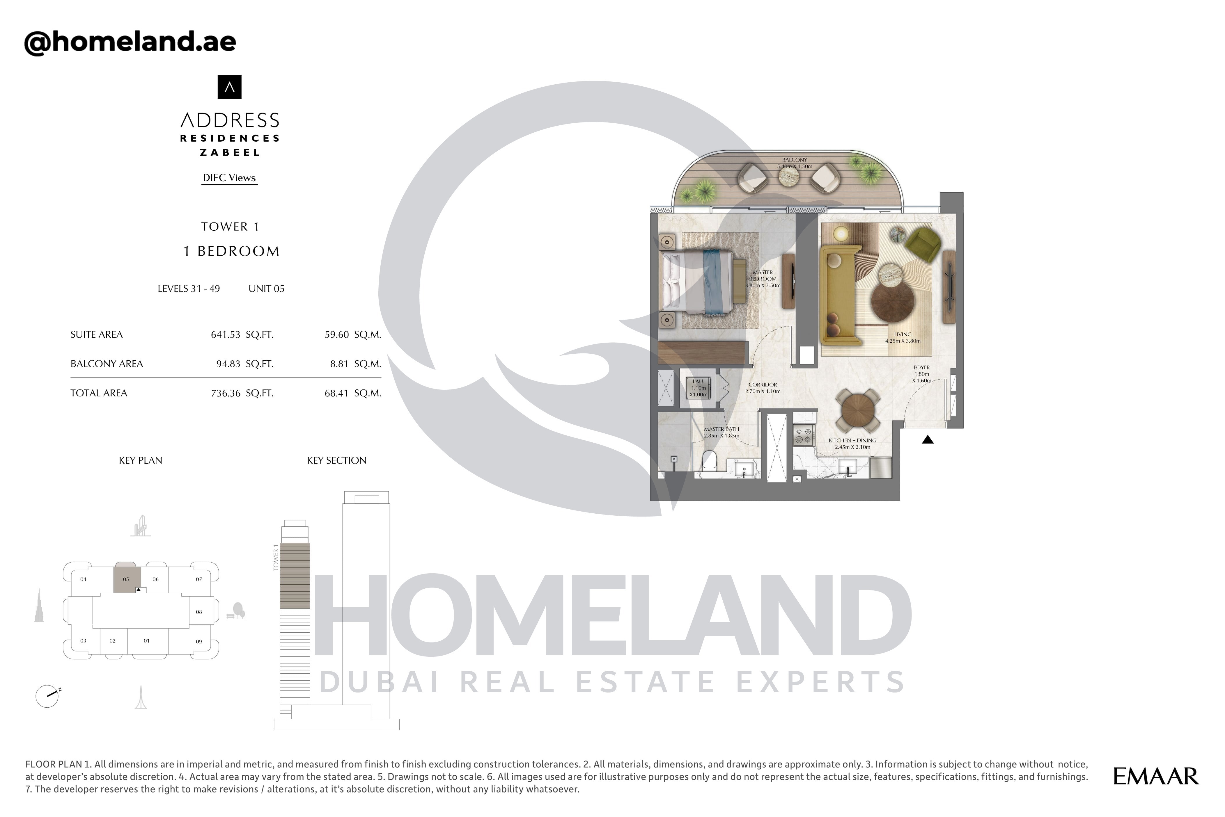Address Residences Zabeel, Tower 1, 1BR, Level 31-49, Unit 05, 736 SQFT