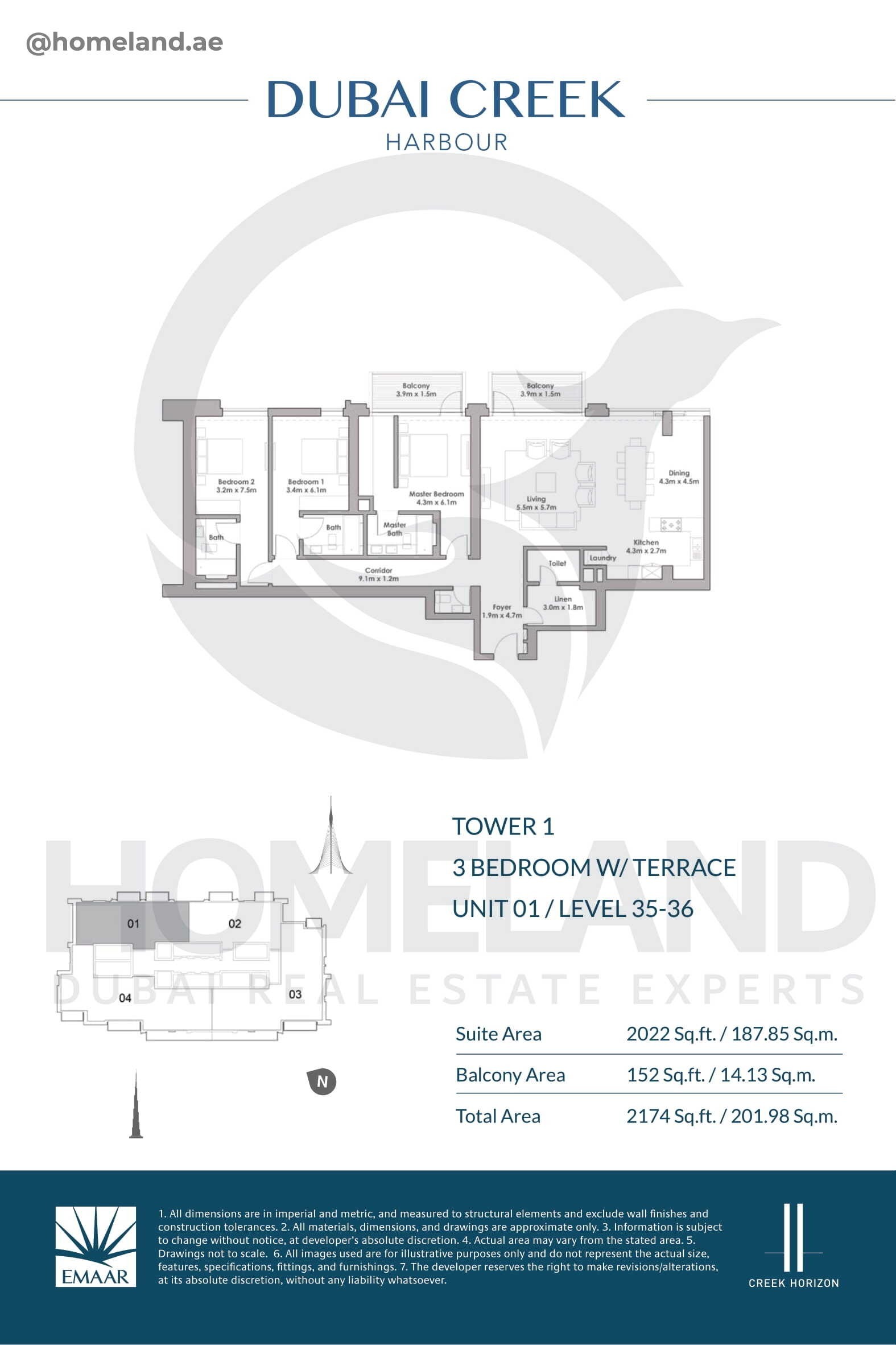 Creek Horizon, Tower 1, 3 BR Terrace, Unit 01, Level 35-36, 2174 SQFT