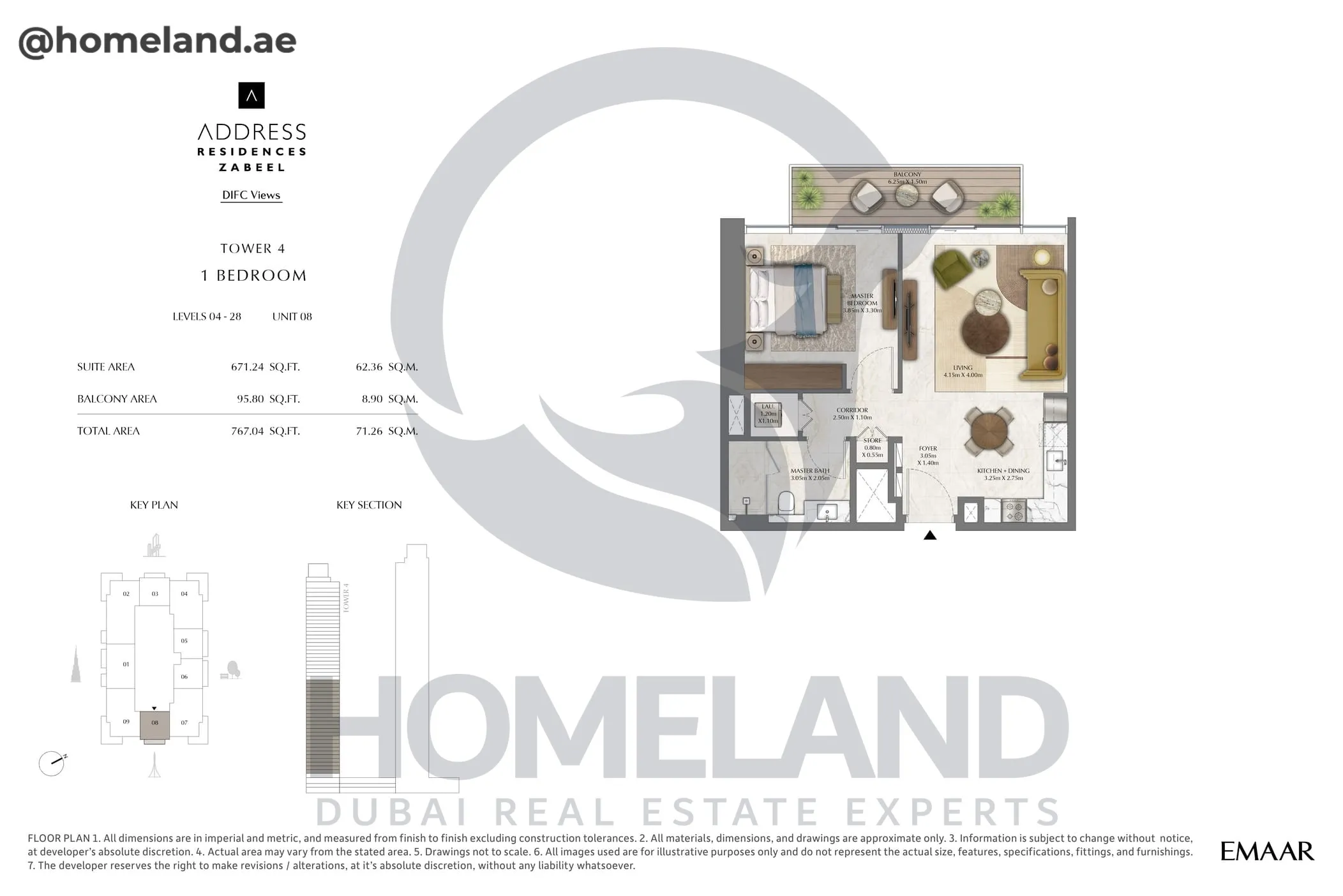 Address Residences Zabeel, Tower 4, 1BR, Level 4-28, Unit 08, 767 SQFT
