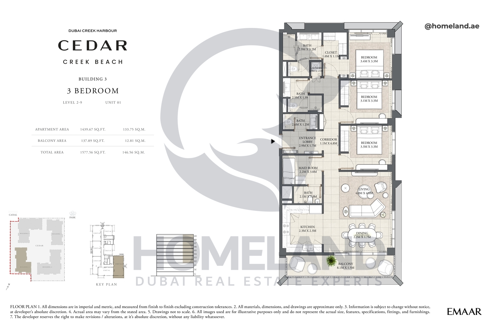 Cedar, Building 3, 3 BR, Level 2-9, Unit 01, 1577 SQFT