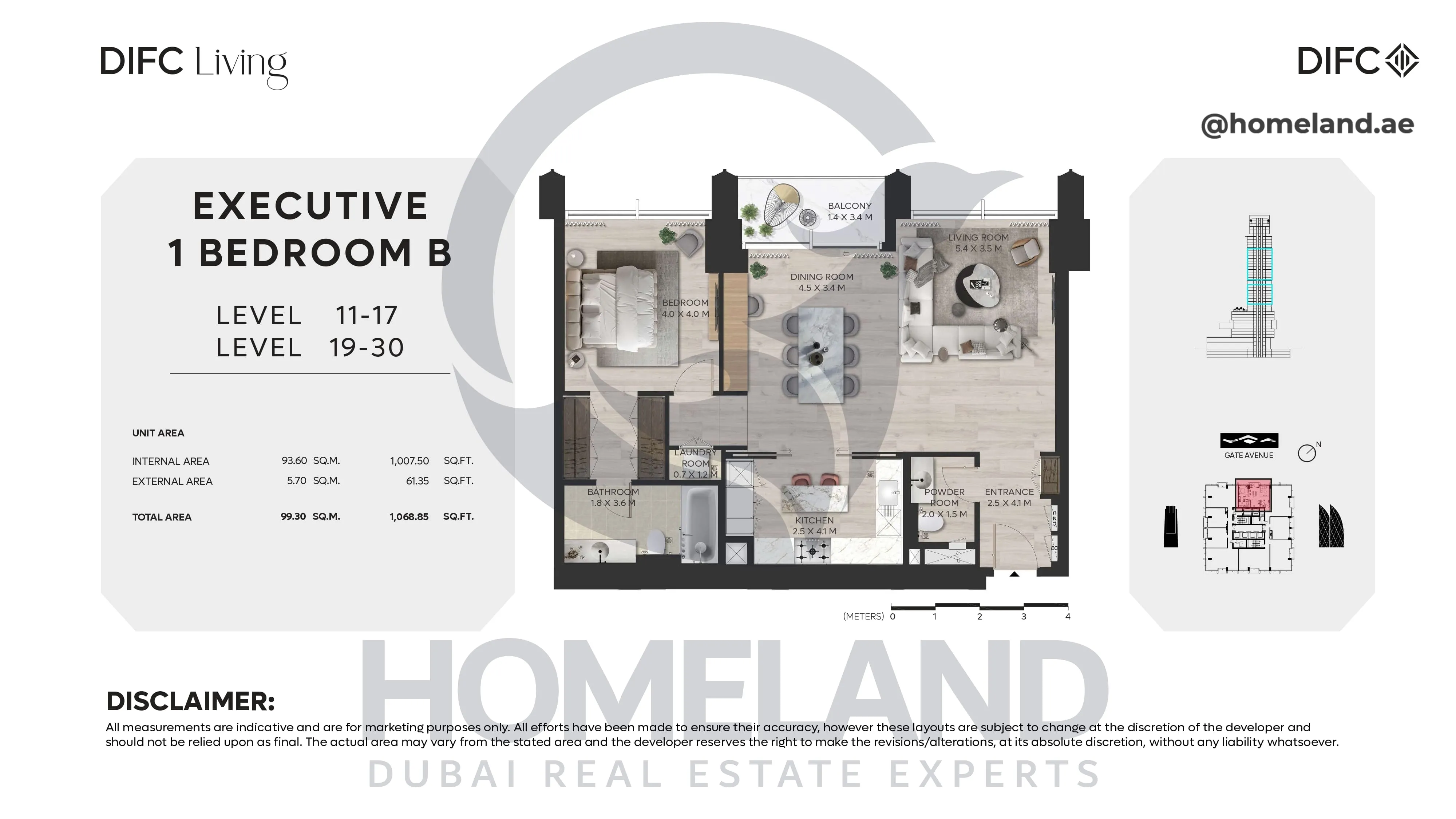 DIFC Living, Executive 1 BR B, Level 10-17-19-30, 1068 SQFT