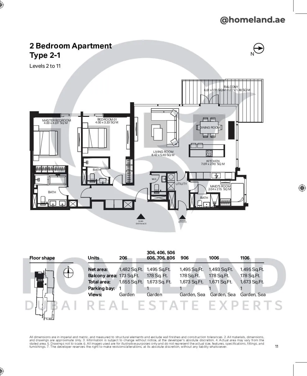 Bluewaters Residential Building Tower 6, 2 BR, Type 2-1, Level 2-11, Unit 206-306-406-506-606-706-806-906-1006-1106, 1673 SQFT