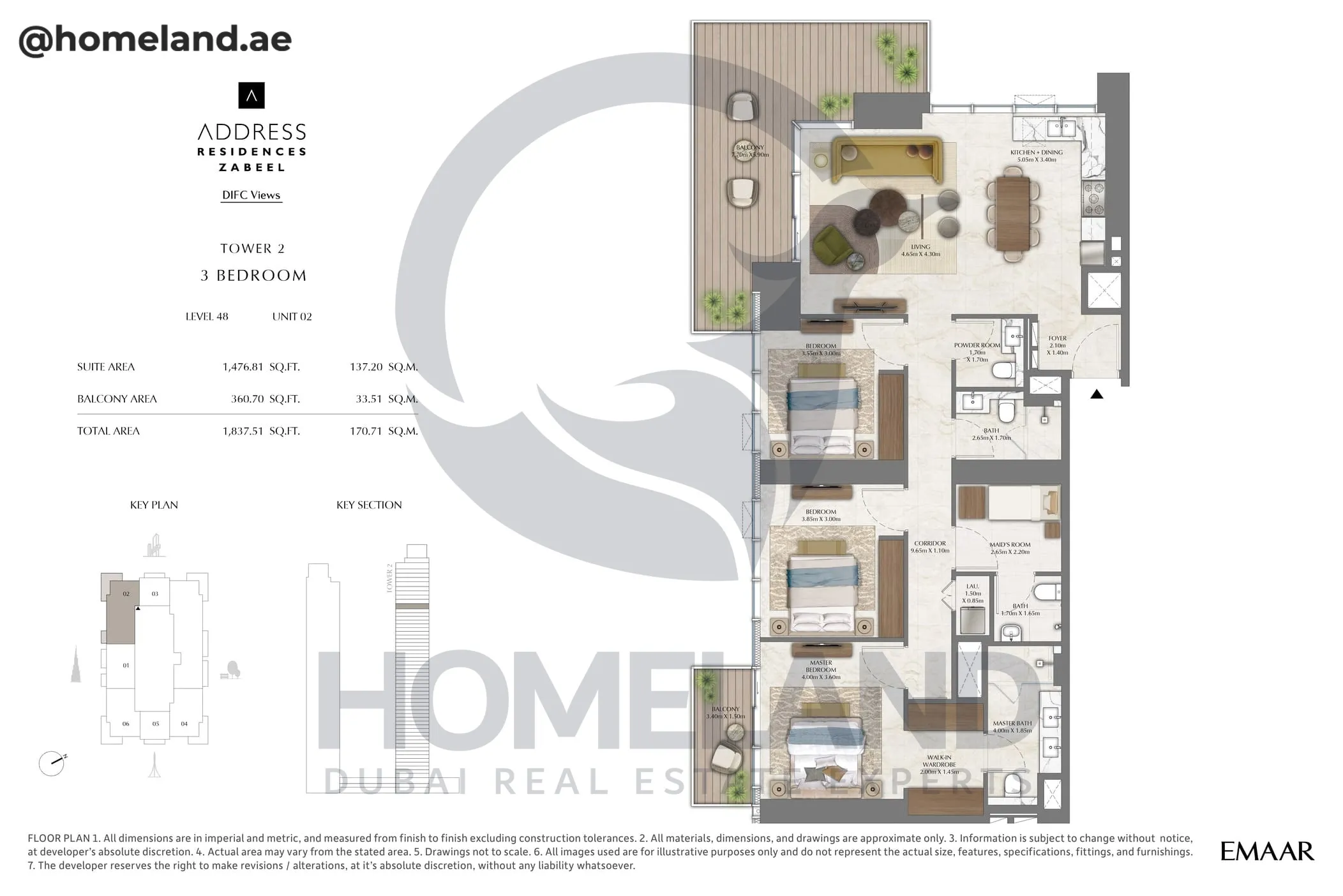 Address Residences Zabeel, Tower 2, 3BR, Level 48, Unit 02, 1837 SQFT