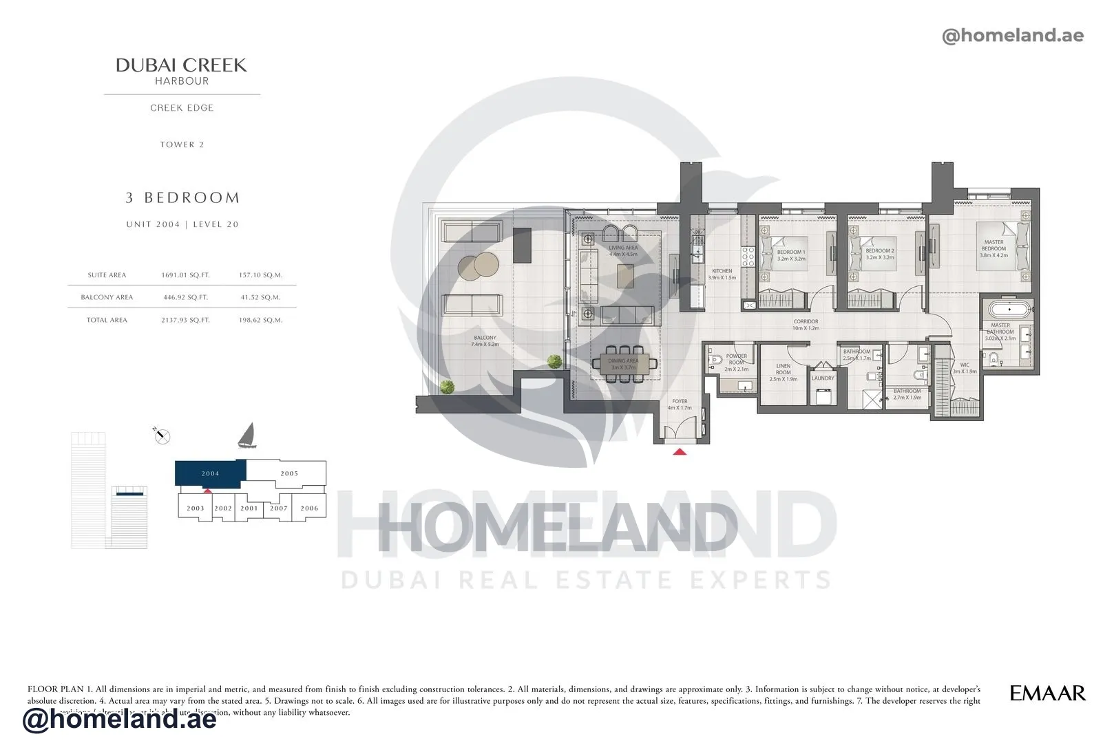 Creek Edge, Tower 2, 3 BR, Unit 2004, Level 20, 2137 SQFT