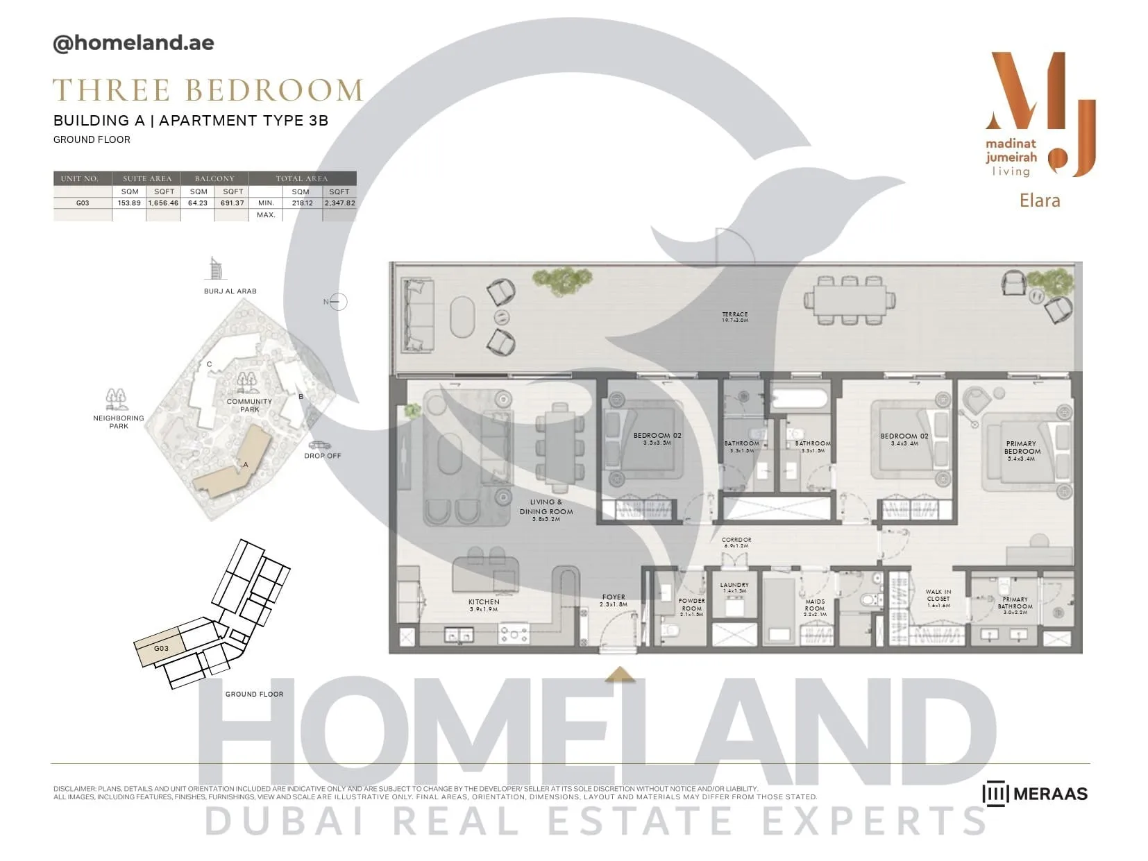 Elara, Building A, Type 3B, 3 BR, Unit G03, Ground Floor, 2347 SQFT