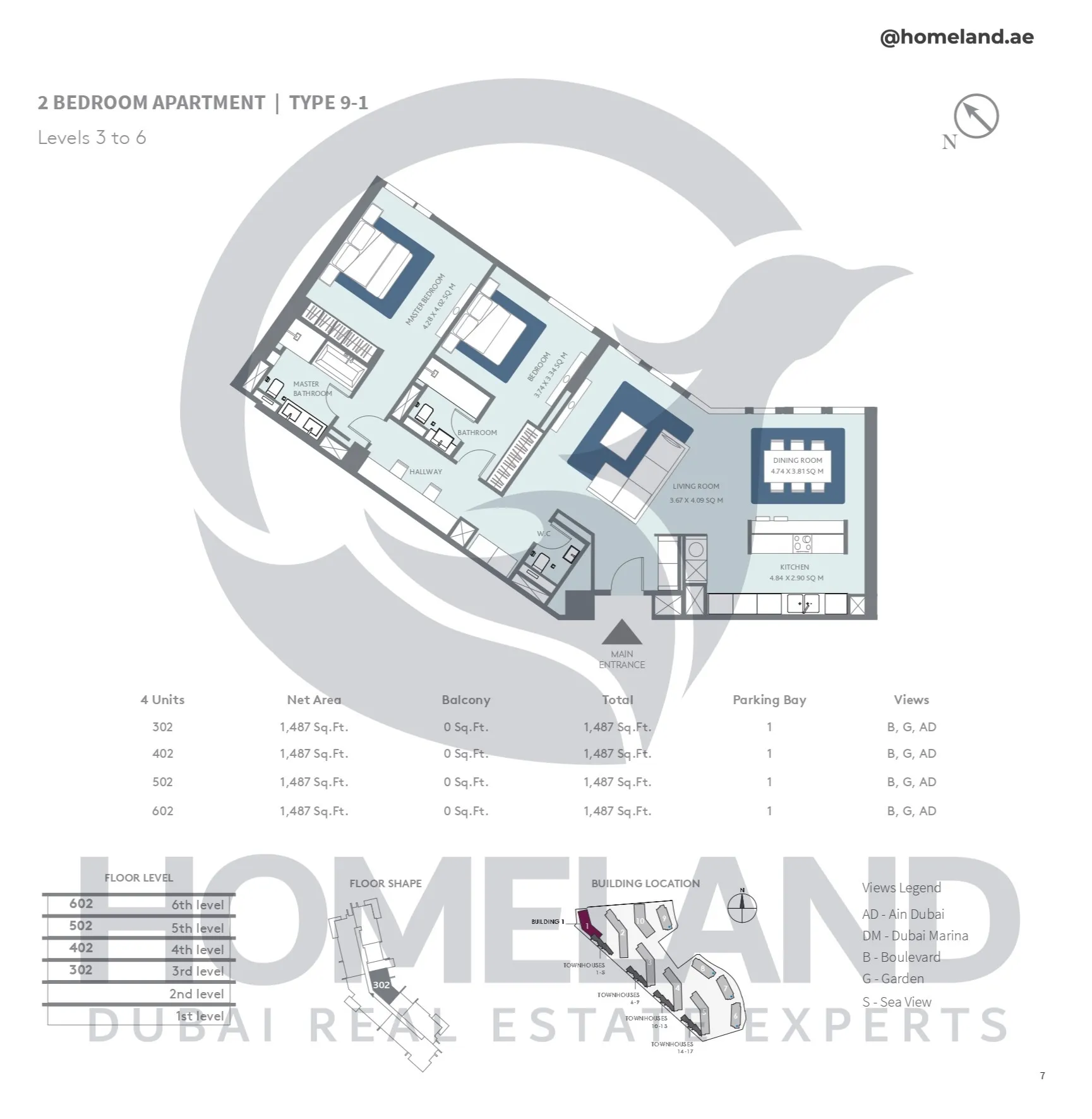 Bluewaters Residential Building Tower 1, 2 BR, Type 9-1, Level 3-6, Unit 302-402-502-602, 1487 SQFT