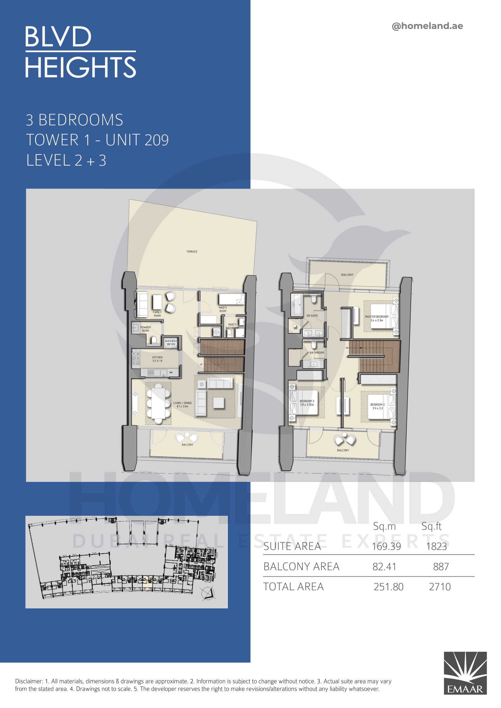 Blvd Heights T1, 3 BR, Unit 209, Level 2+3, 2710 SQFT