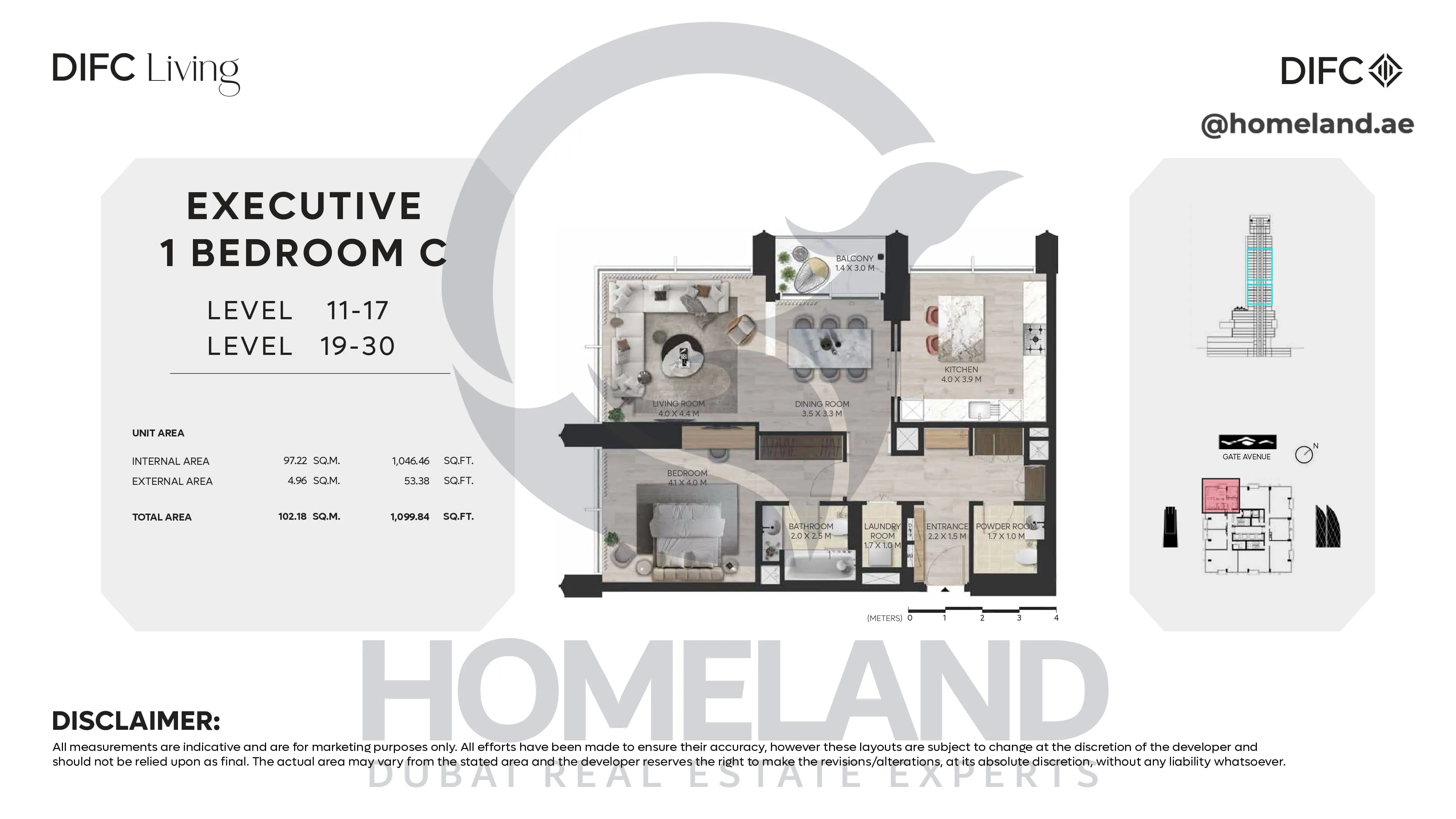 DIFC Living, Executive 1 BR C, Level 10-17-19-30, 1099 SQFT