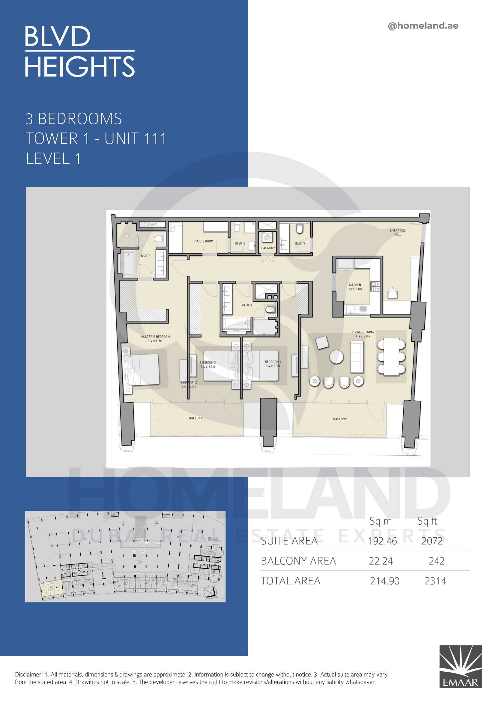 Blvd Heights T1, 3 BR, Unit 111, Level 1, 2314 SQFT