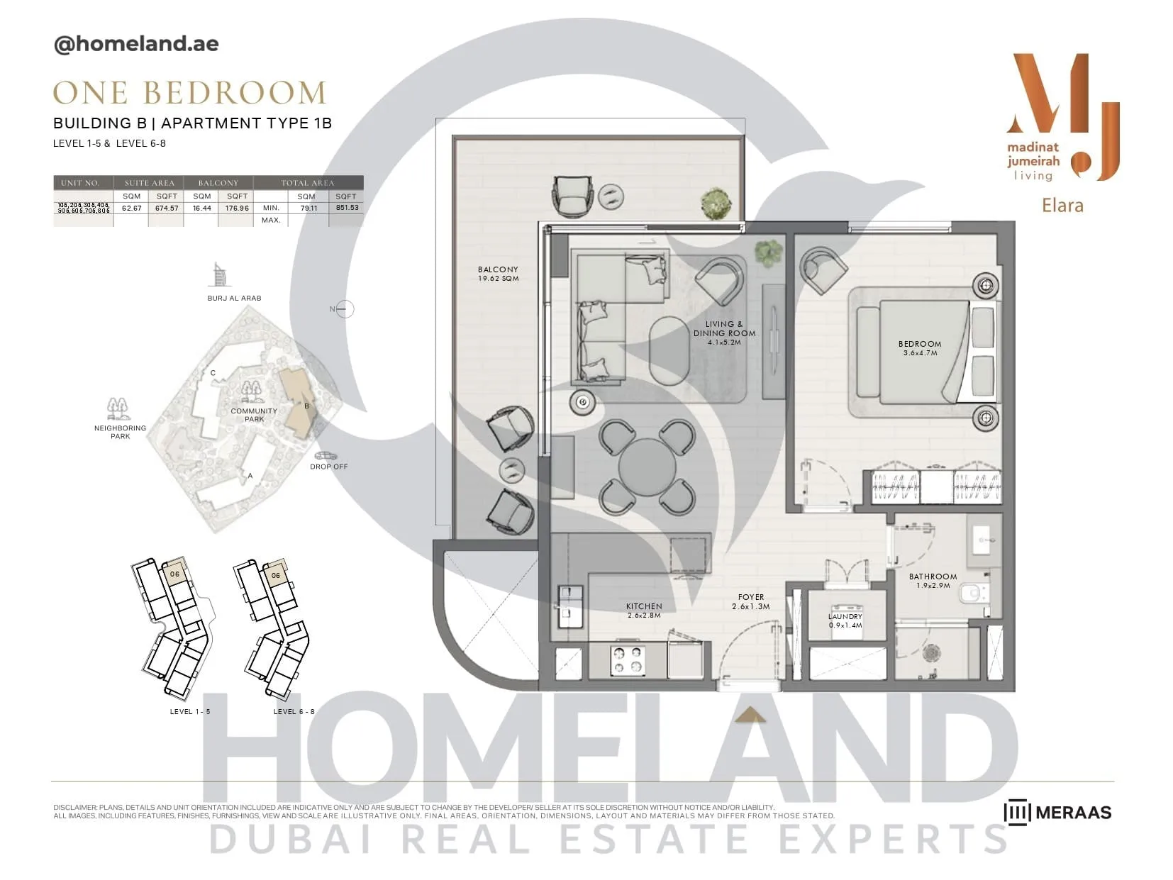 Elara, Building B, Type 1B, 1 BR, Unit 105-205-305-405-505-605-705-805, Level 1-5-6-8, 851 SQFT