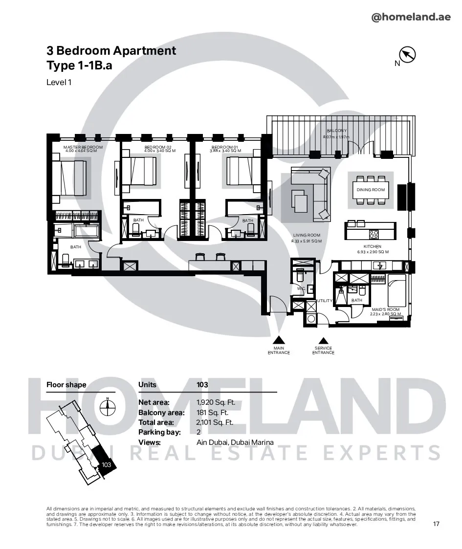 Bluewaters Residential Building Tower 7, 3 BR, Type 1-1B.a, Level 1, Unit 103, 2101 SQFT