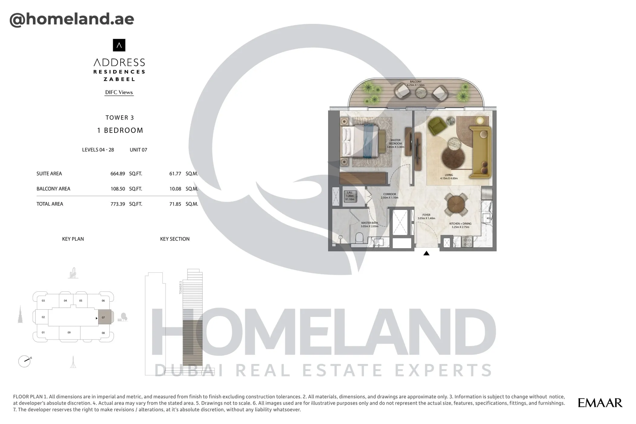 Address Residences Zabeel, Tower 3, 1BR, Level 4-28, Unit 07, 773 SQFT