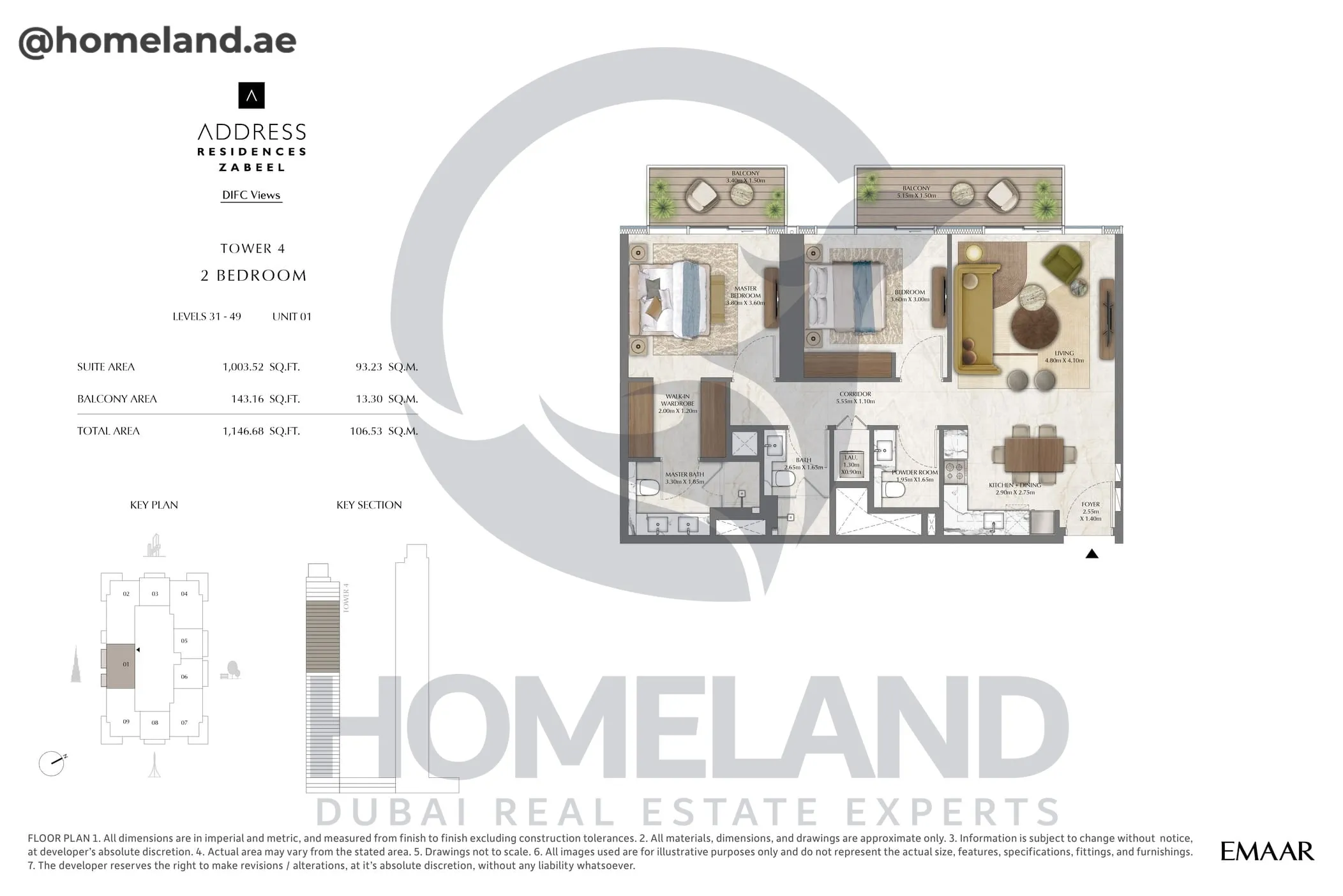 Address Residences Zabeel, Tower 4, 2BR, Level 31-49, Unit 01, 1146 SQFT