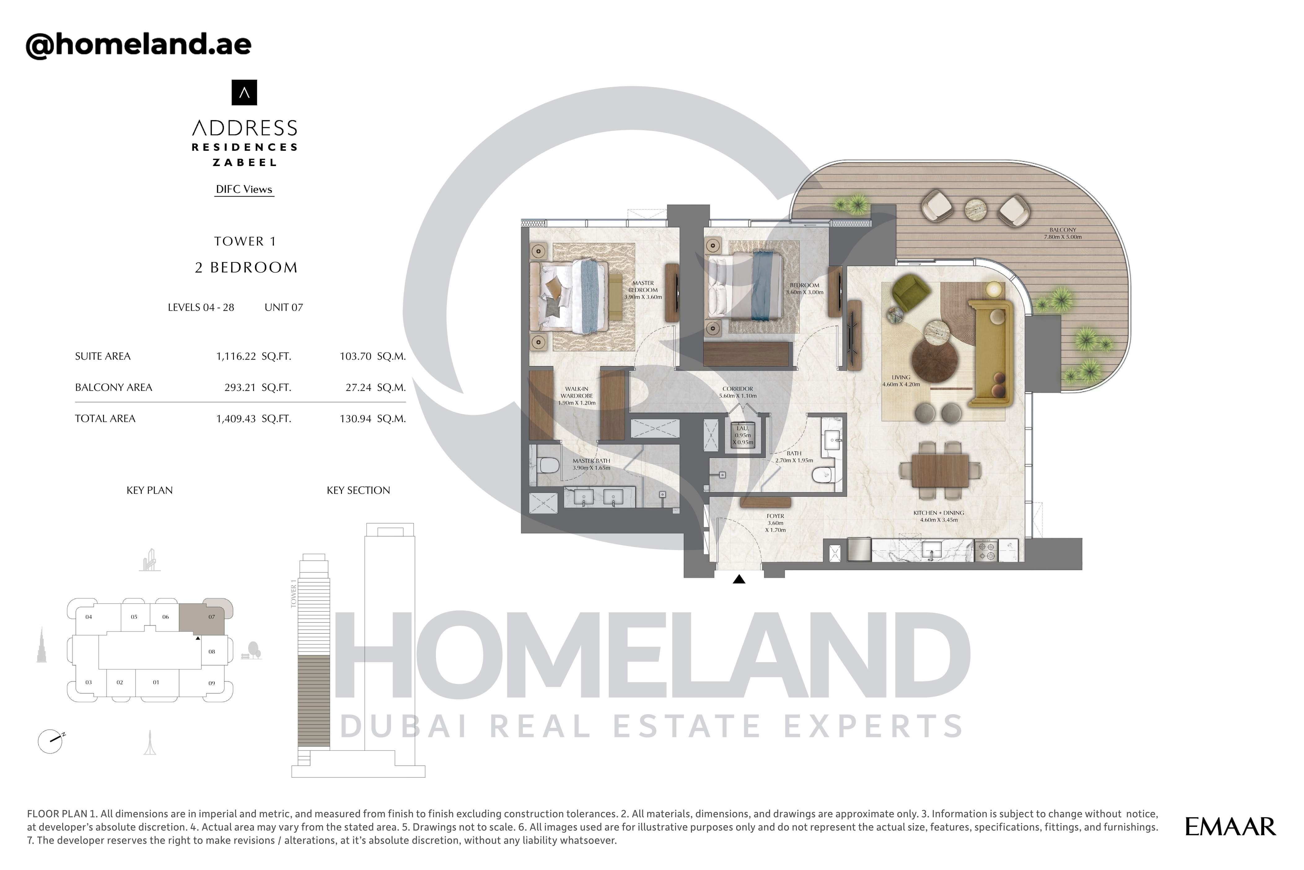 Address Residences Zabeel, Tower 1, 2BR, Level 4-28, Unit 07, 1409 SQFT