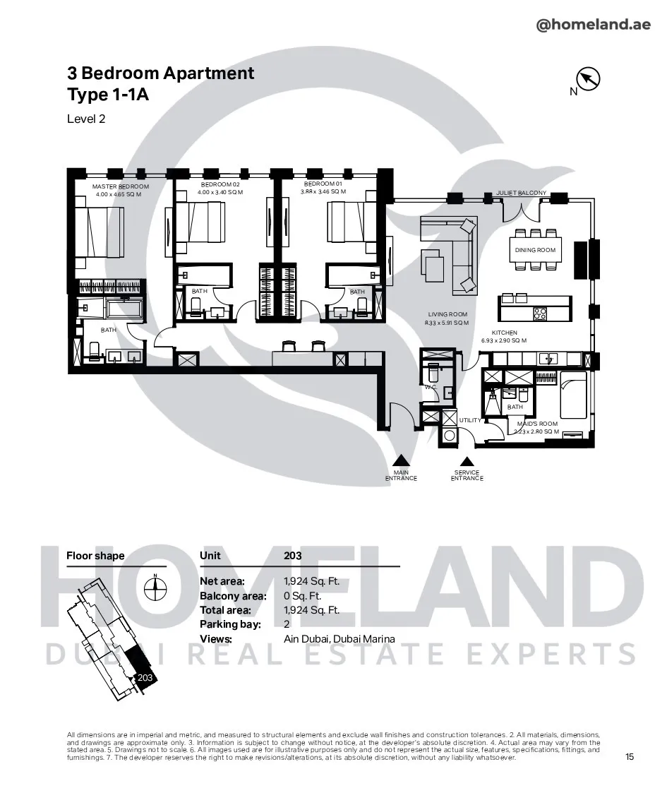 Bluewaters Residential Building Tower 7, 3 BR, Type 1-1A, Level 2, Unit 203, 1924 SQFT