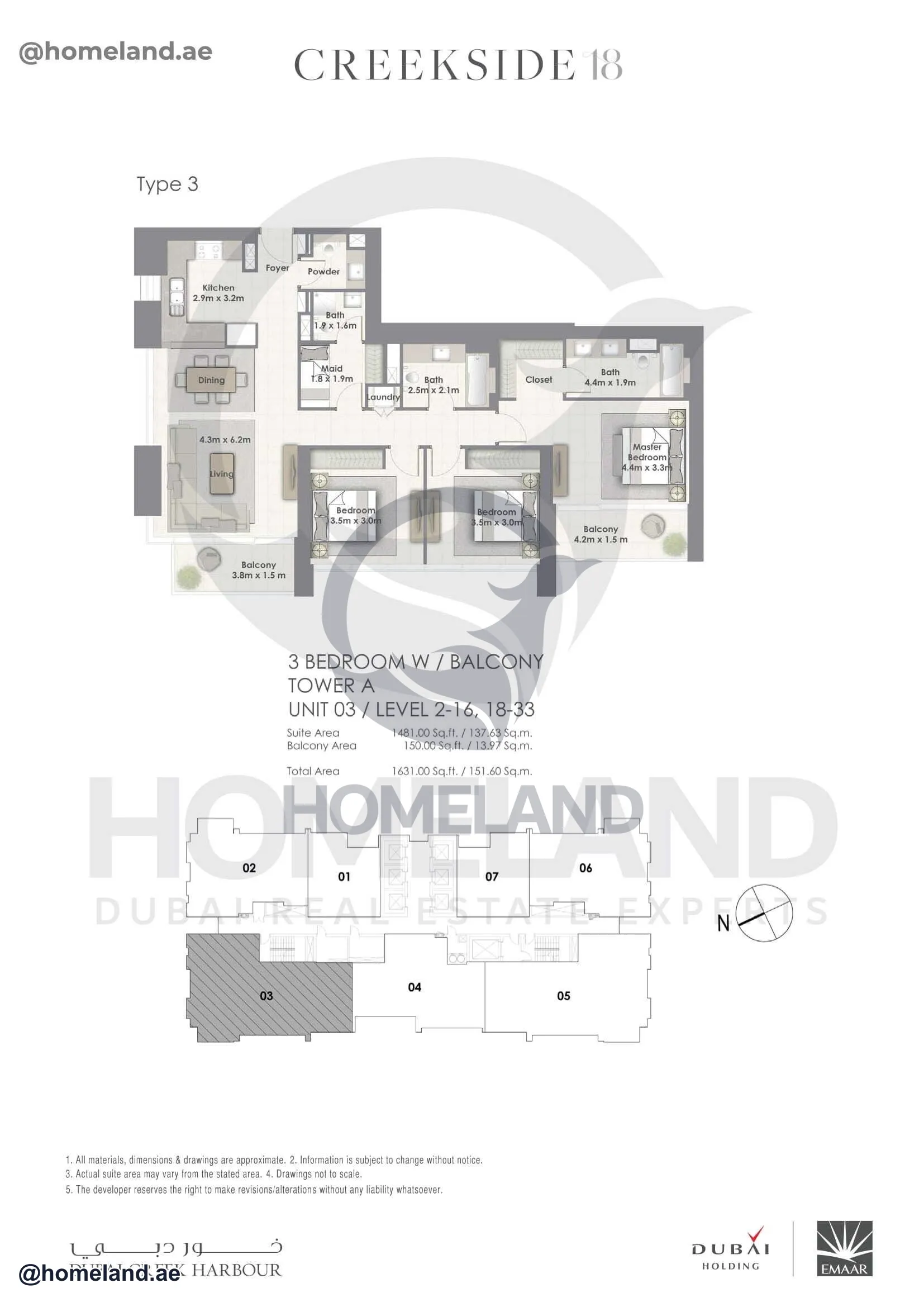 Creekside 18, Tower A, 3 BR Balcony, Unit 03, Level 2-16-18-33, 1631 SQFT